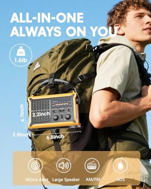 Emergency Weather Radio with Large Solar Panel, Efficient Hand Crank & Yellow
