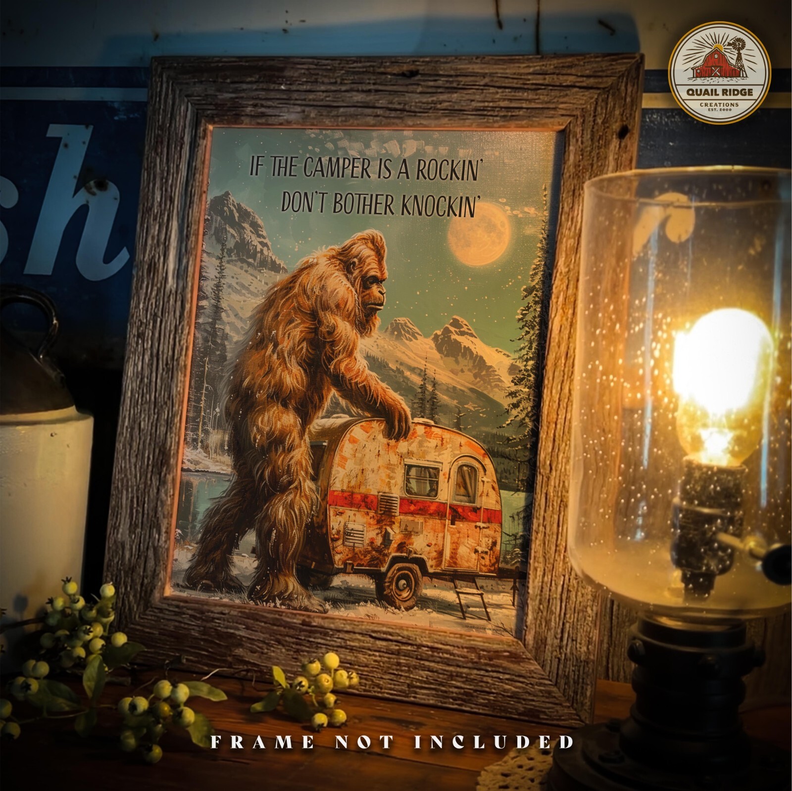 Vintage Sasquatch Bigfoot Art Print RV Camping Artwork Camper Wall Decor Gift