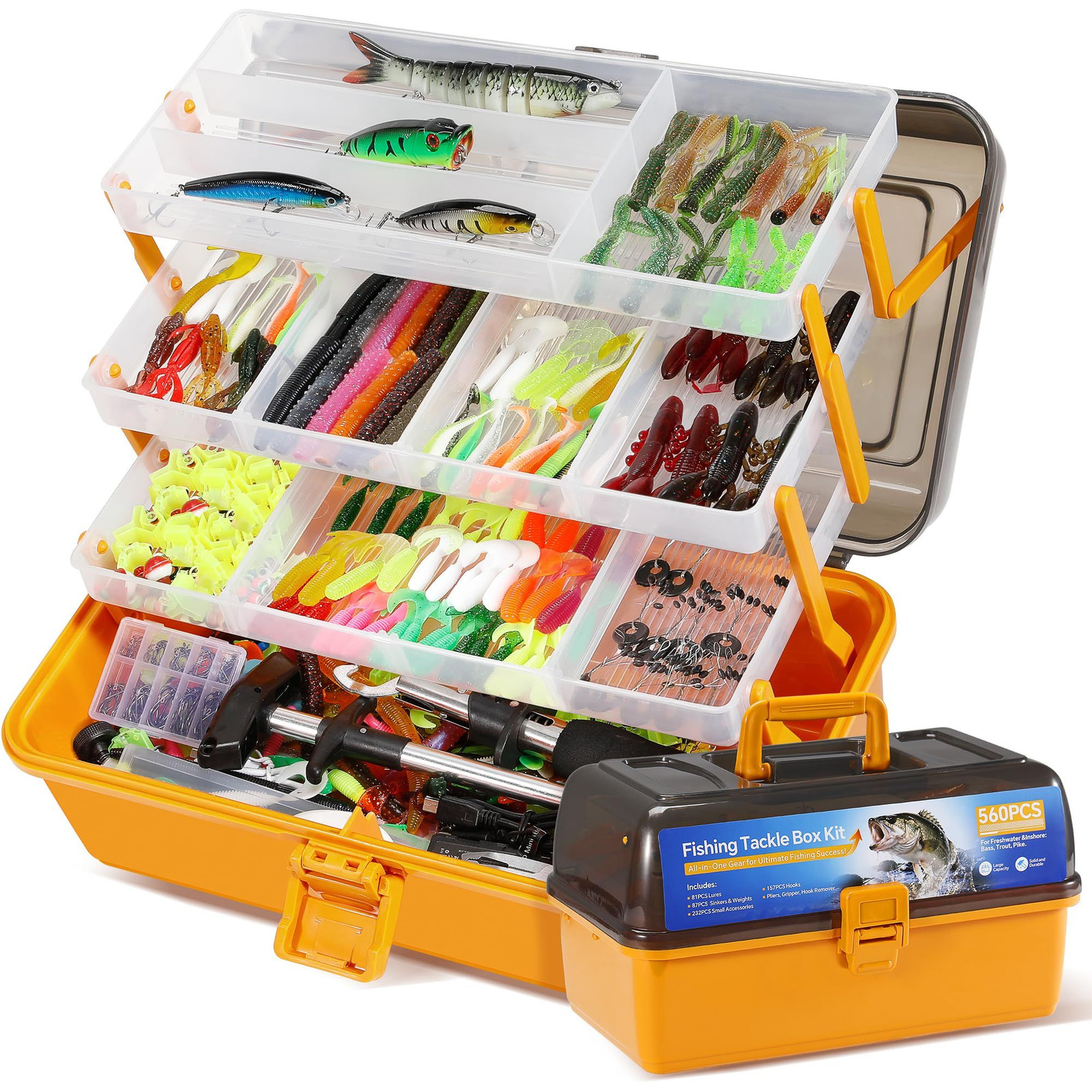 Oridum 560Pcs Fishing Tackle Box Kit with Lures, Pliers, 3X-Large, Colorful