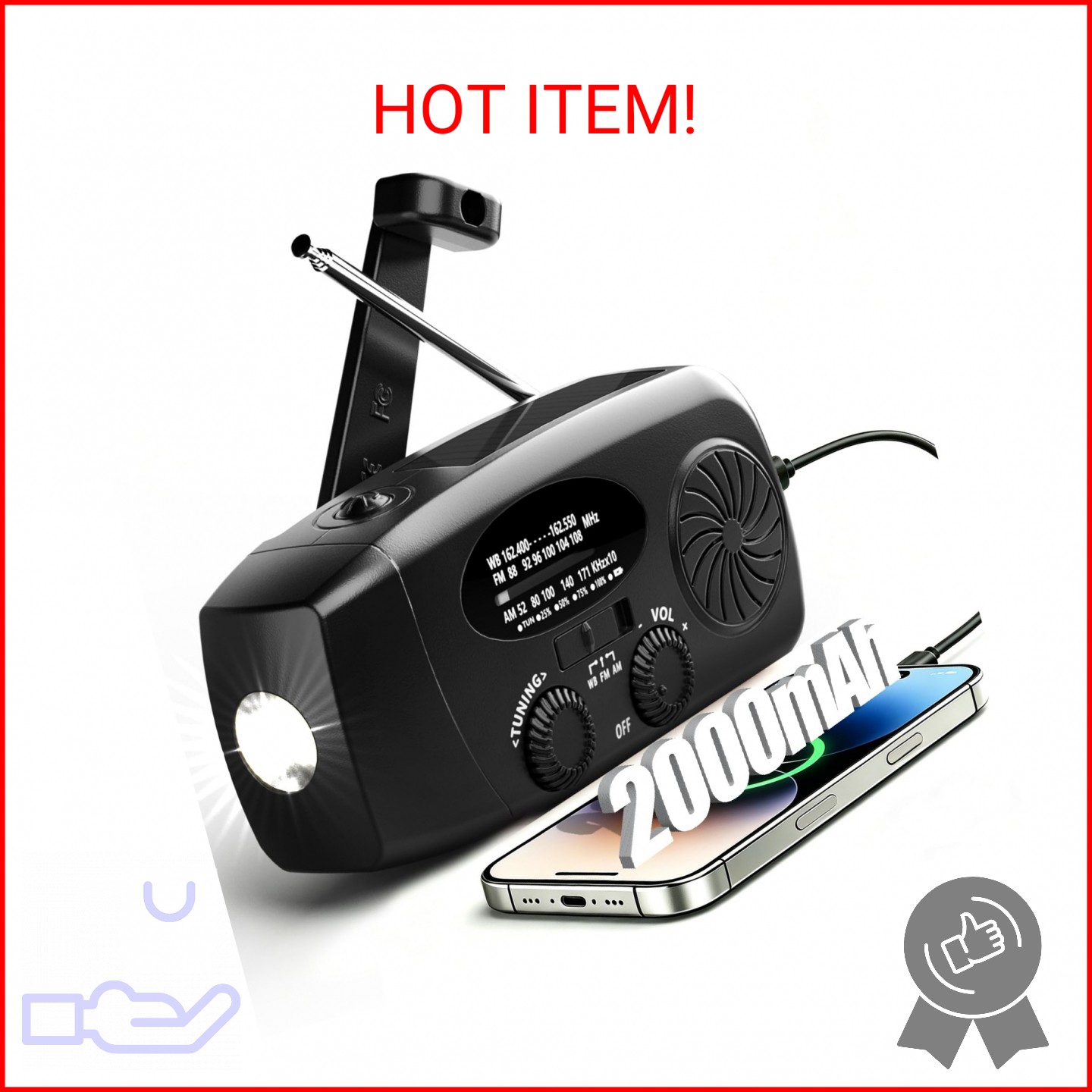 Solar Emergency Hand Crank NOAA Weather Radio with AM/FM, 2000mAh USB Phone Char
