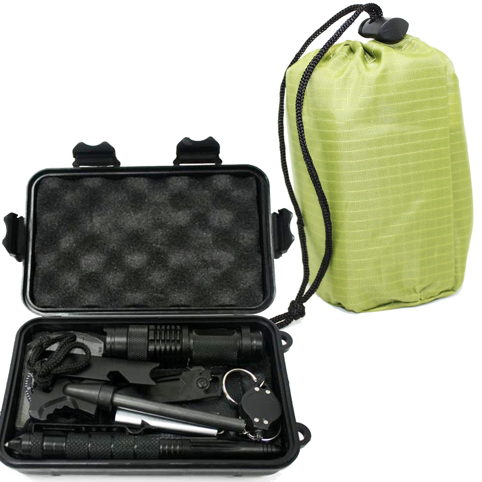 Solo Backpacking Emergency 9 in 1 Survival Kit with Sleeping Bag Bivy Sack Camp
