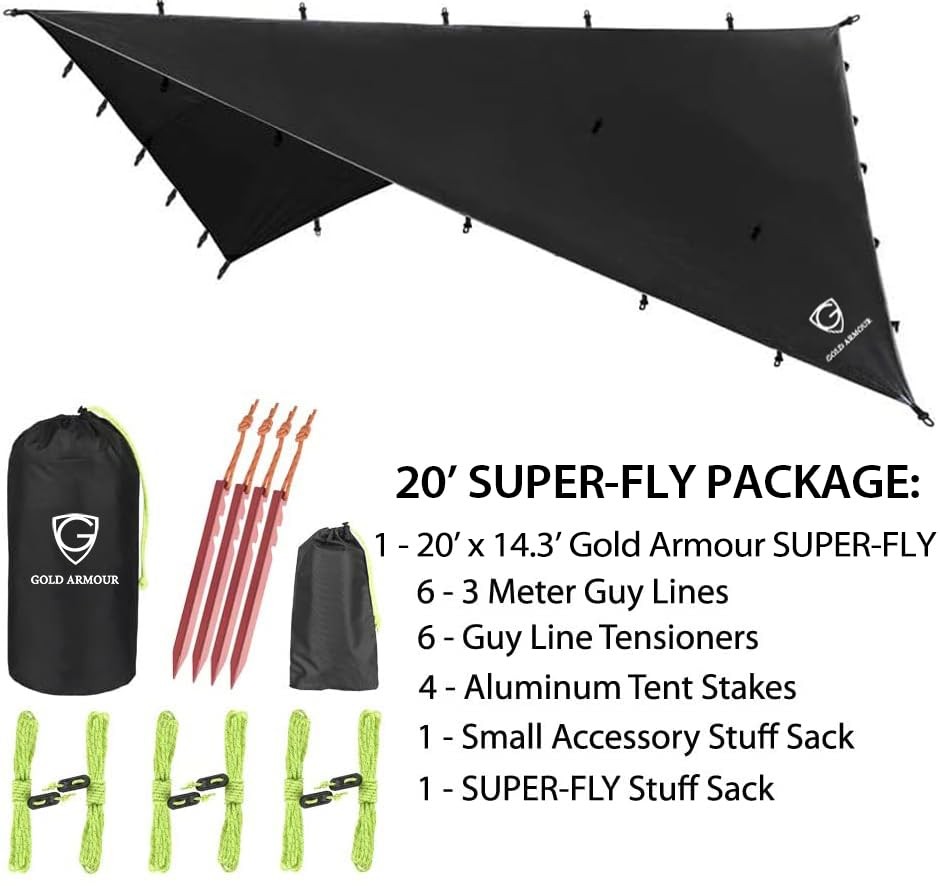 Gold Armour Rainfly Tarp Hammock, Premium 20ft x 14.3ft x 14.3ft, Black