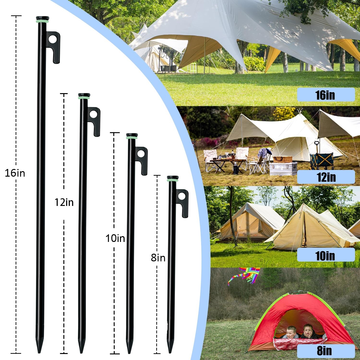 Tent Stake with Hammer, 12-Pack 12in Heavy Duty Stakes + 10in Black