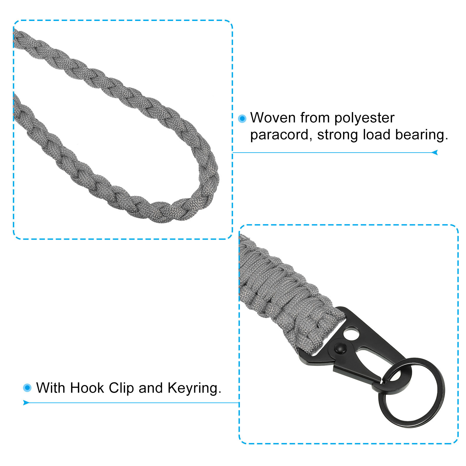 22″ Paracord Neck Lanyard Keychain Braided Strong Lanyard with Grey