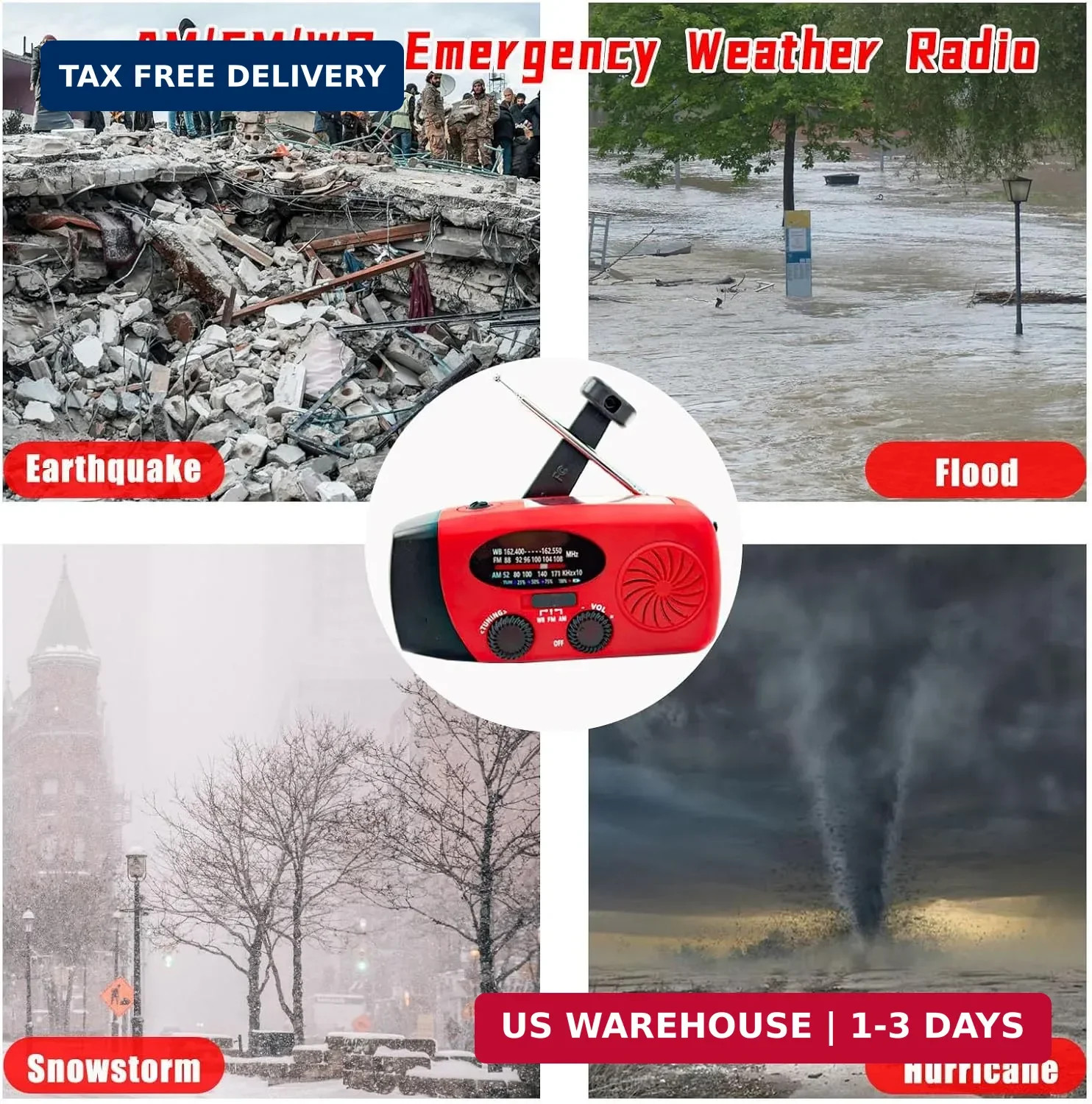 Portable 2000mAh Hand Crank Emergency Solar Panel SOS Weather Radio, Self-Powere