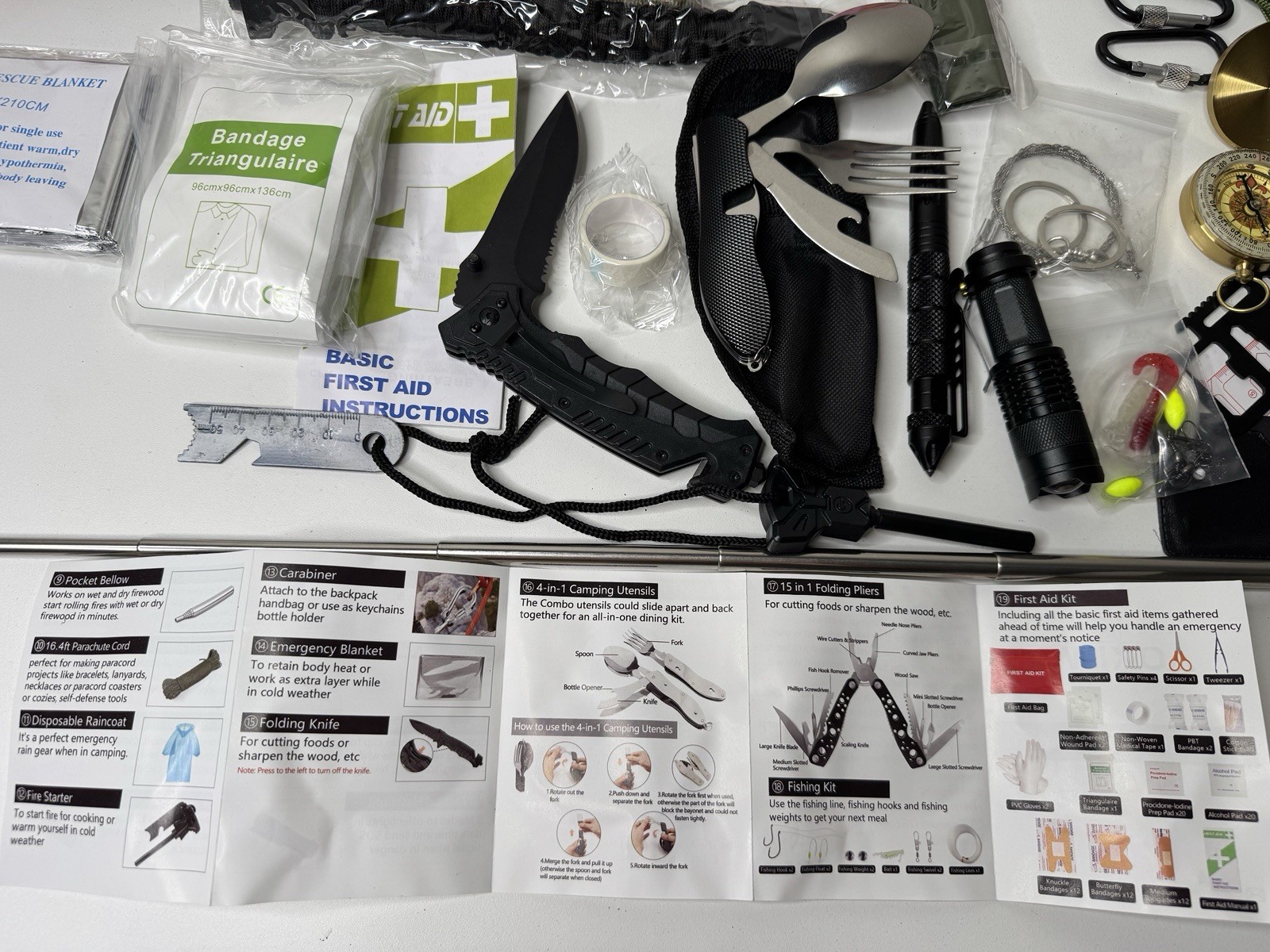 Emergency Survival Kit Bag Multi Tool Set First Aid Poncho Compass Bundle