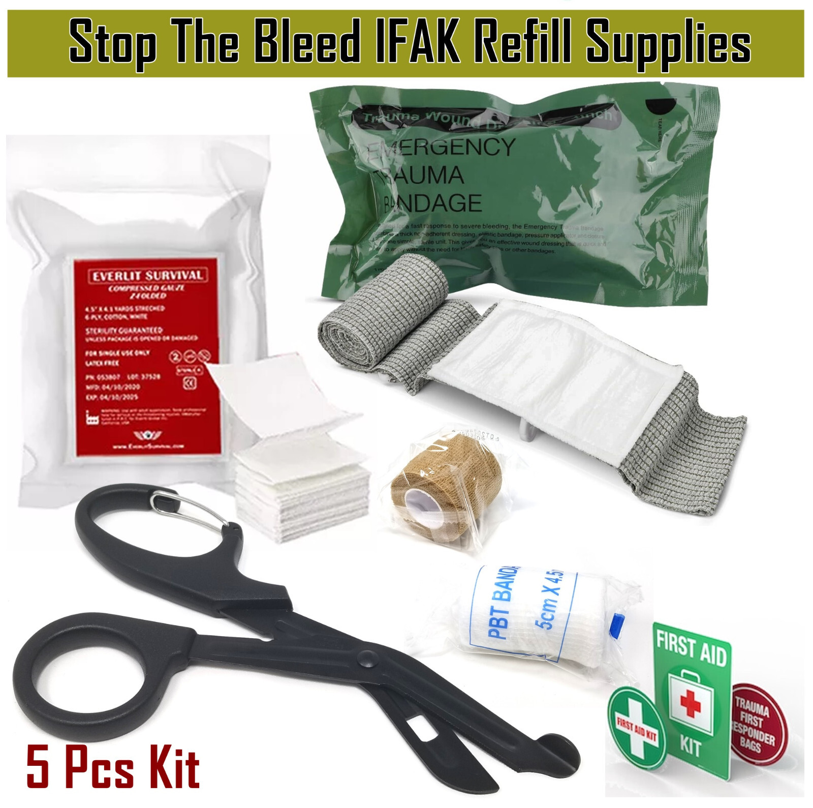IFAK Refill Kit First Aid Supplies 5Pc Basic Items for Home, Office, School, Car