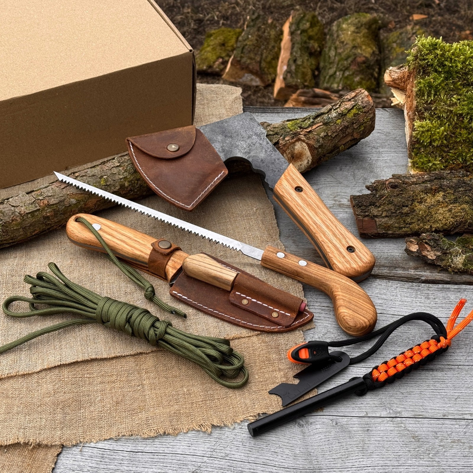 6pc All in One Camping Gear Set 9.84” Axe 9” Bushcraft Knife Saw Ferro Rod