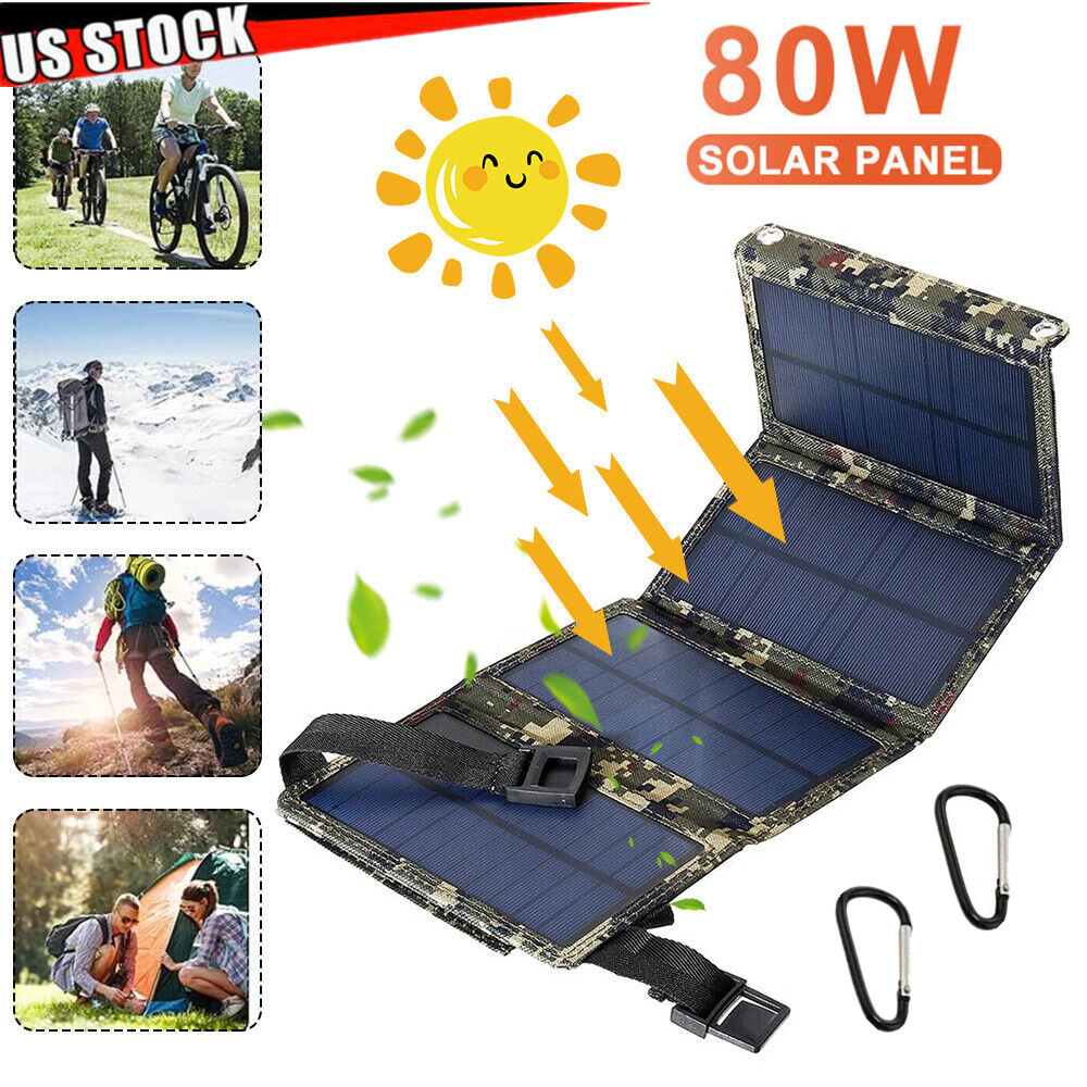 Folding 80W USB Solar Panel Power Bank Outdoor Camping Hiking Phone Charger US