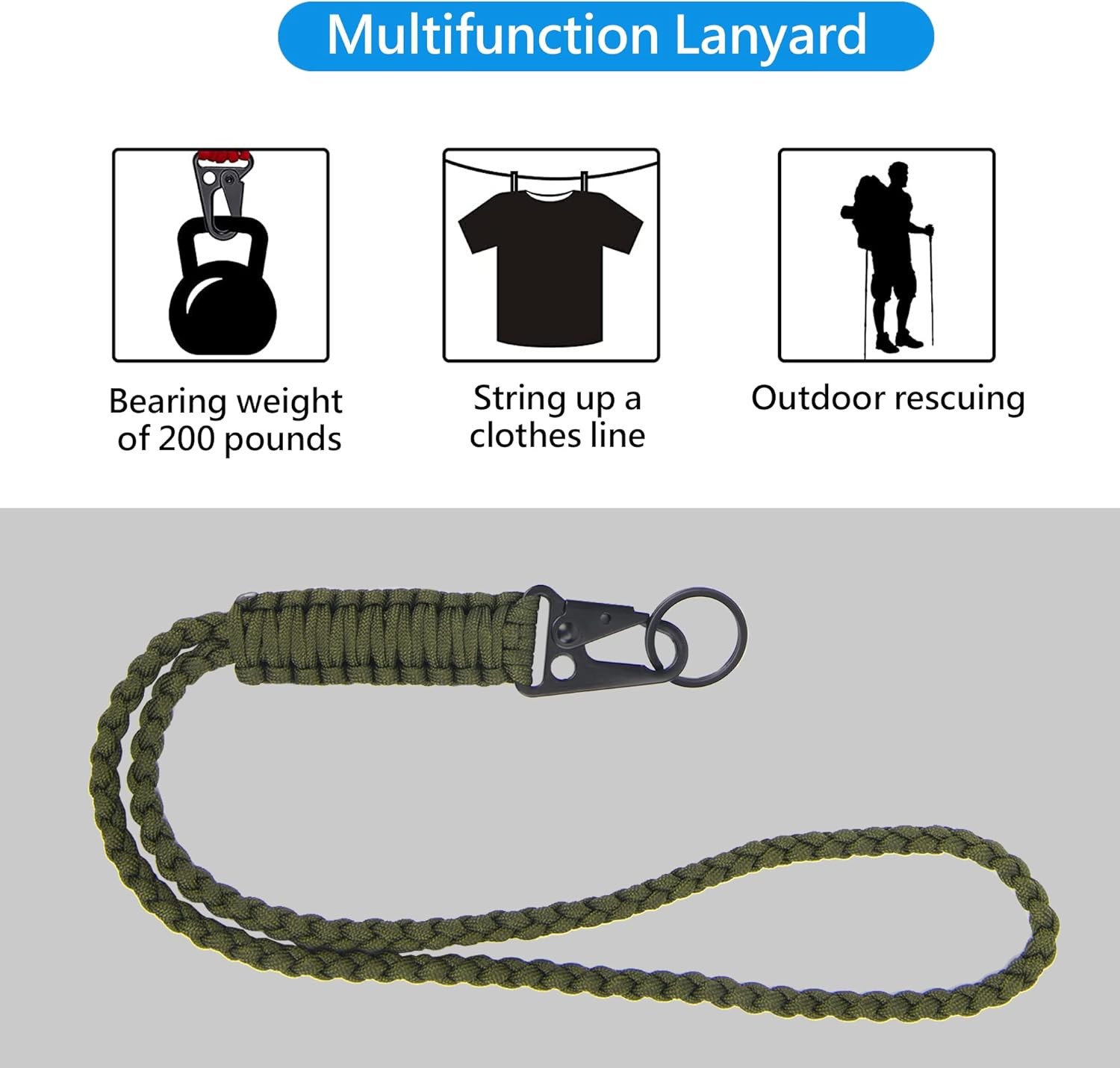 Heavy Duty Paracord Lanyard Keychain, Necklace Cell Phone Army Green