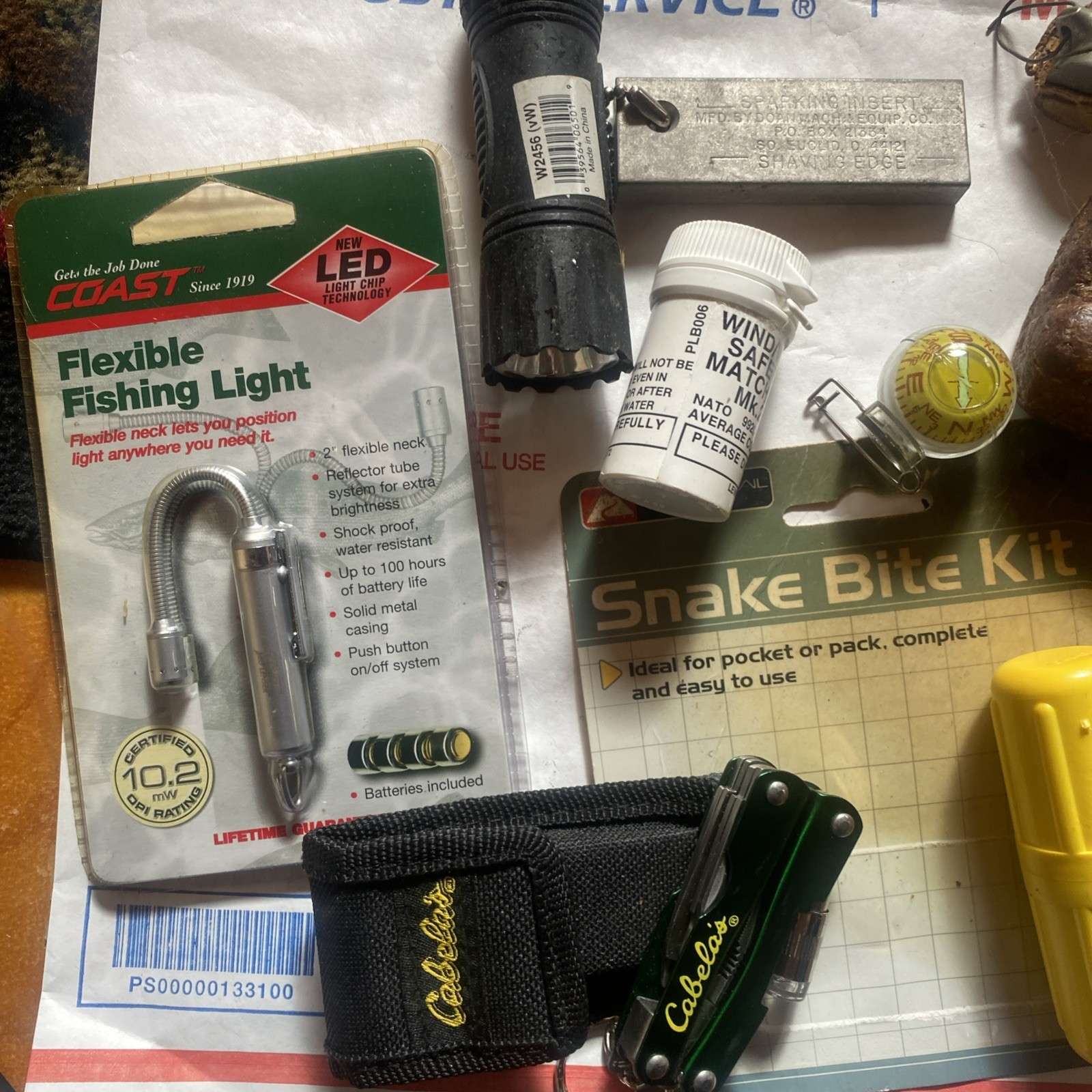 Lot Camping,Car,Hiking,compass, firestarter, snake bite mosquito Knife Light CL2