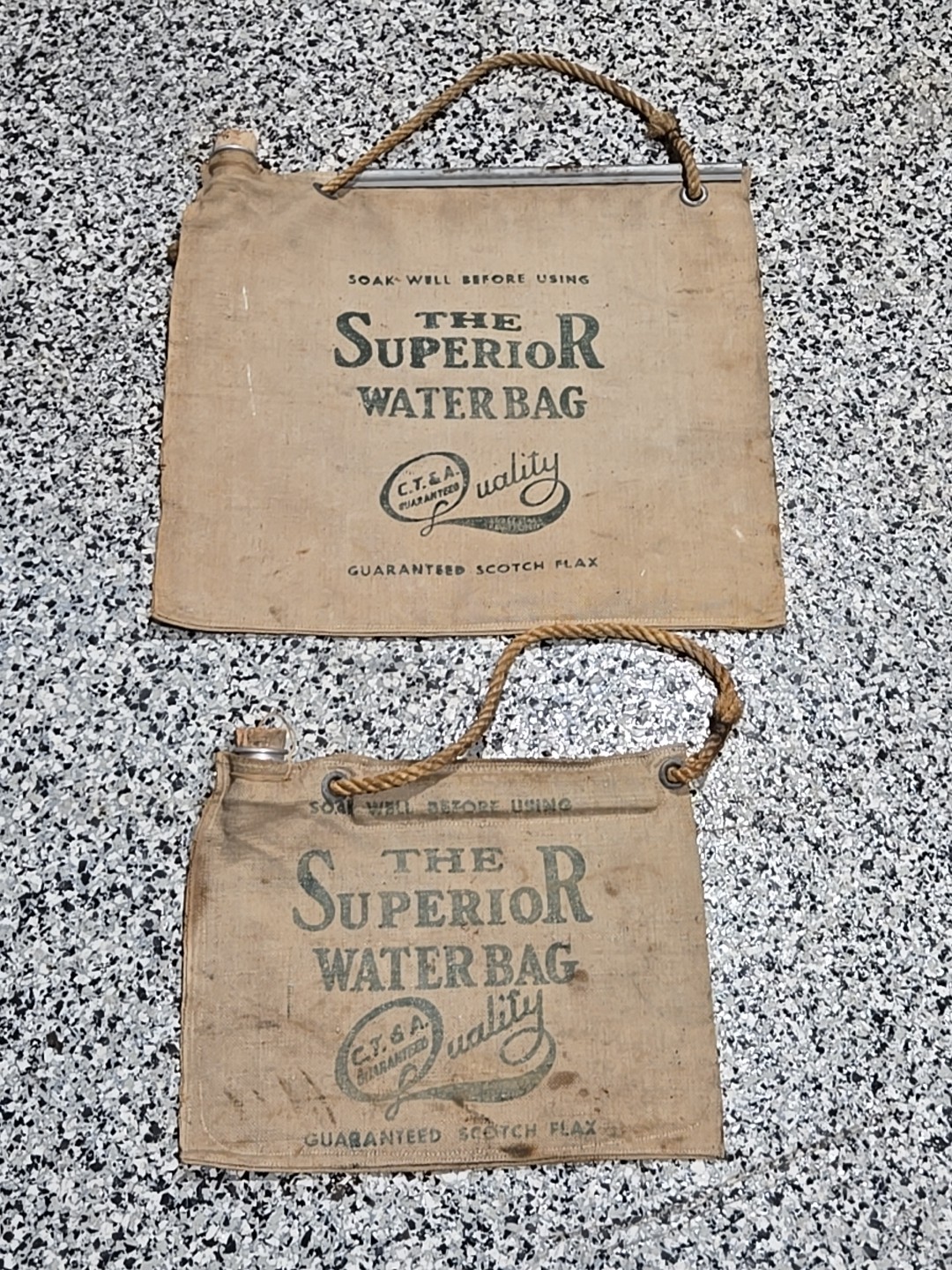 2 Antique Superior Water Bags Scotch Flax Canvas with Corks. Great For Display