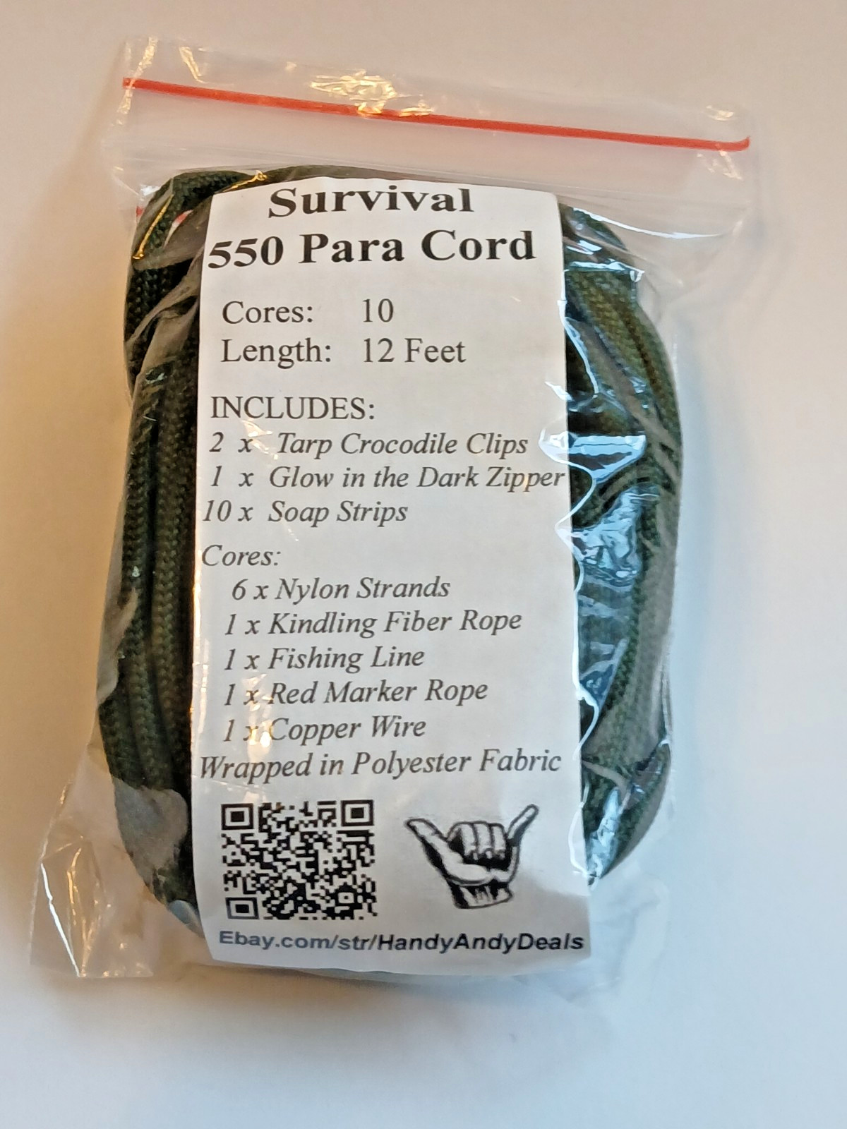 Survival 550 Para Cord, 12′, + 4 Survival Strands =Wire, Fishing, Kindle, Marker