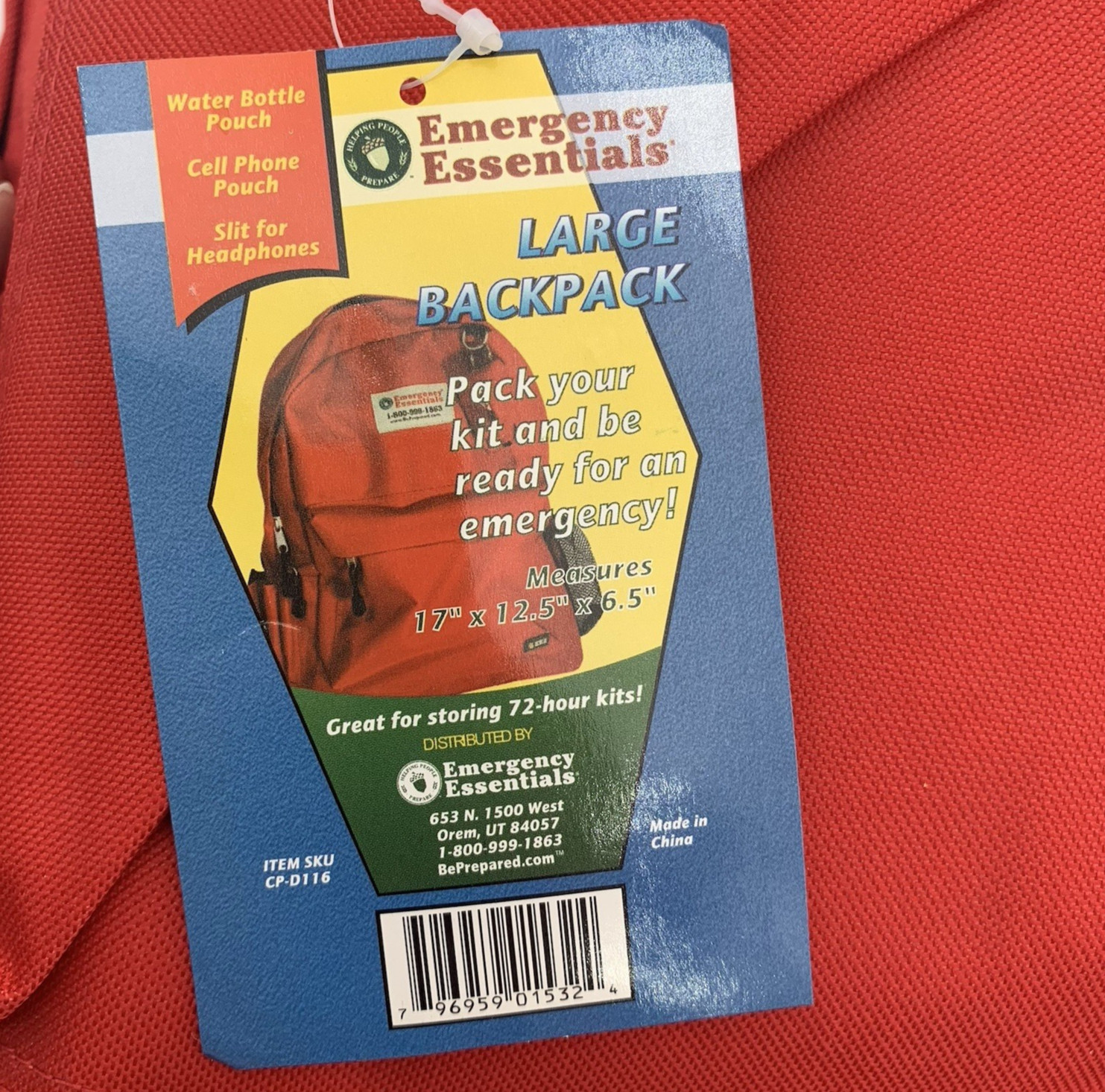 Emergency Essentials Large Red Backpack Bug Out Bag Survival Prep 72-Hr Kit New