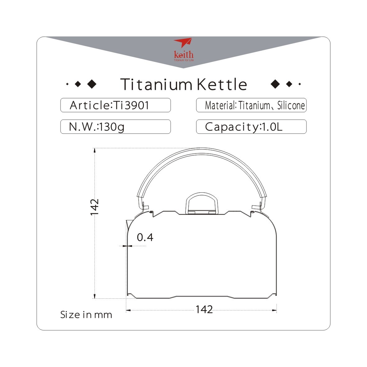 Keith Titanium Ti3901 Kettle – 1.0 L (Shipped from California, USA)