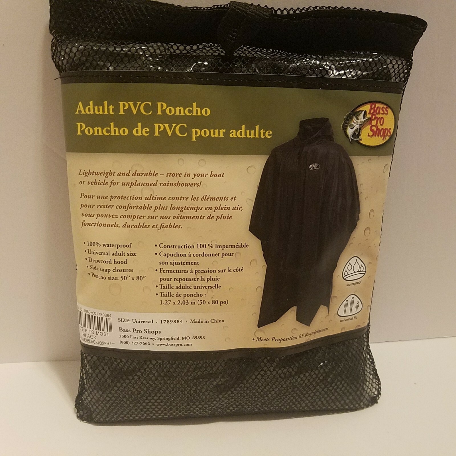 Bass Pro Shops Adult PVC Poncho Waterproof One Size Fits Most 50″x80″ Raincoat