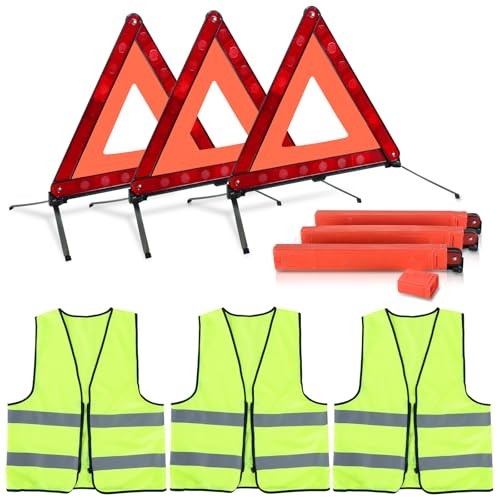 3 Pack Emergency Warning Triangles, Reflective Roadside Safety Triangle Kit