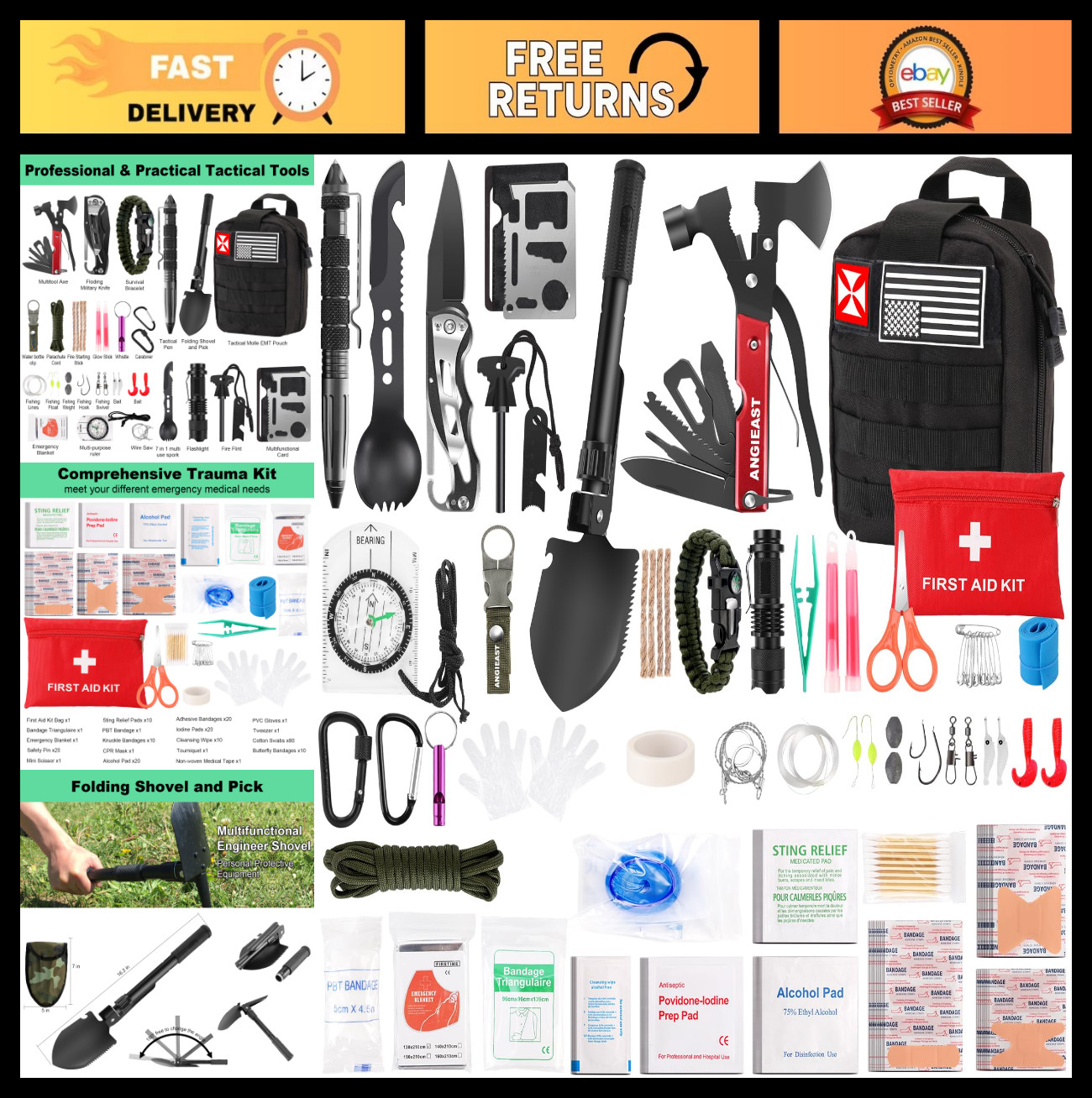 Ultimate 256-in-1 Survival Kit & First Aid Gear with Molle Pouch for Camping, Hi
