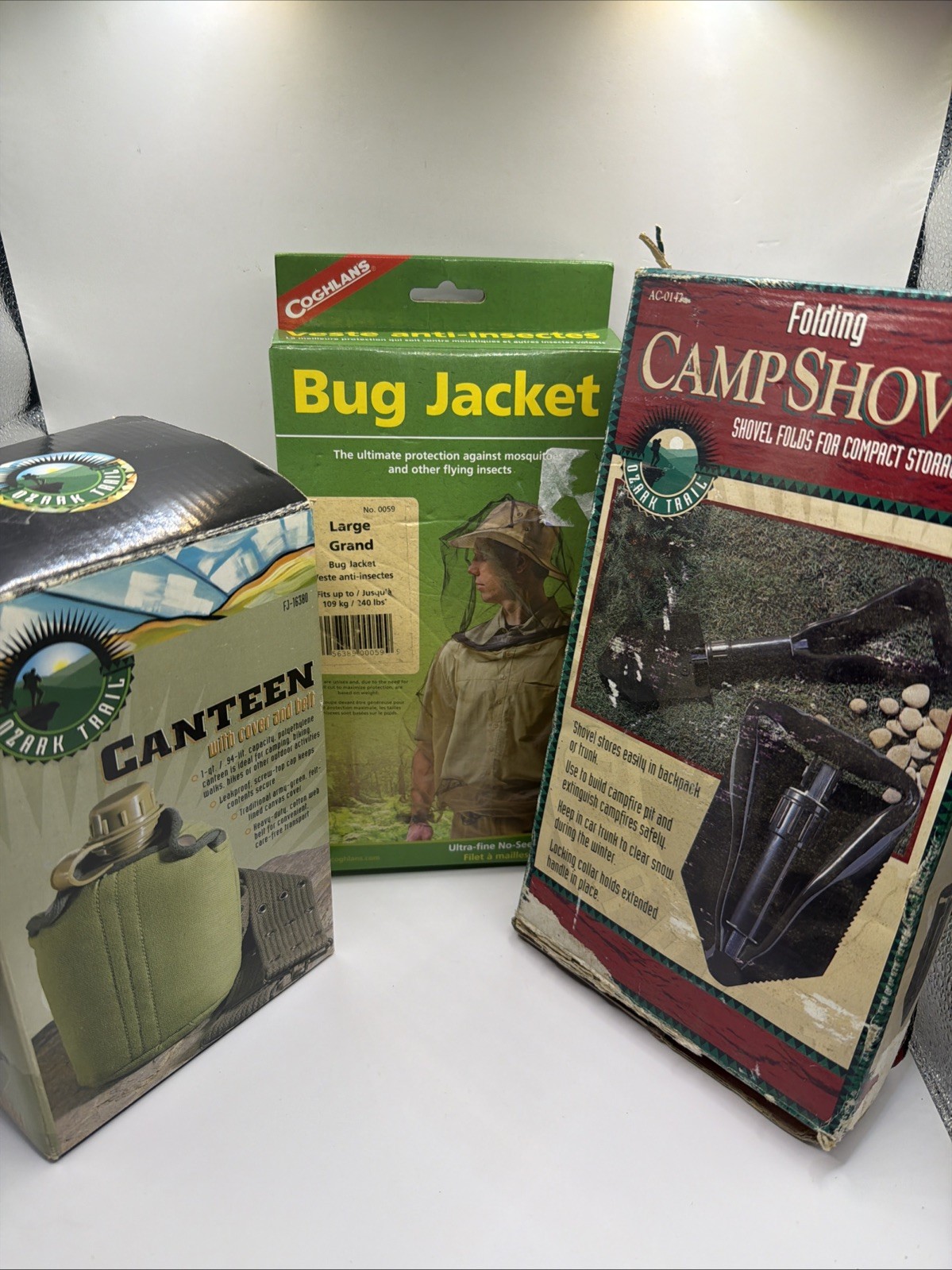 Camping Supplies Vintage Older Shovel Bug Jacket Canteen
