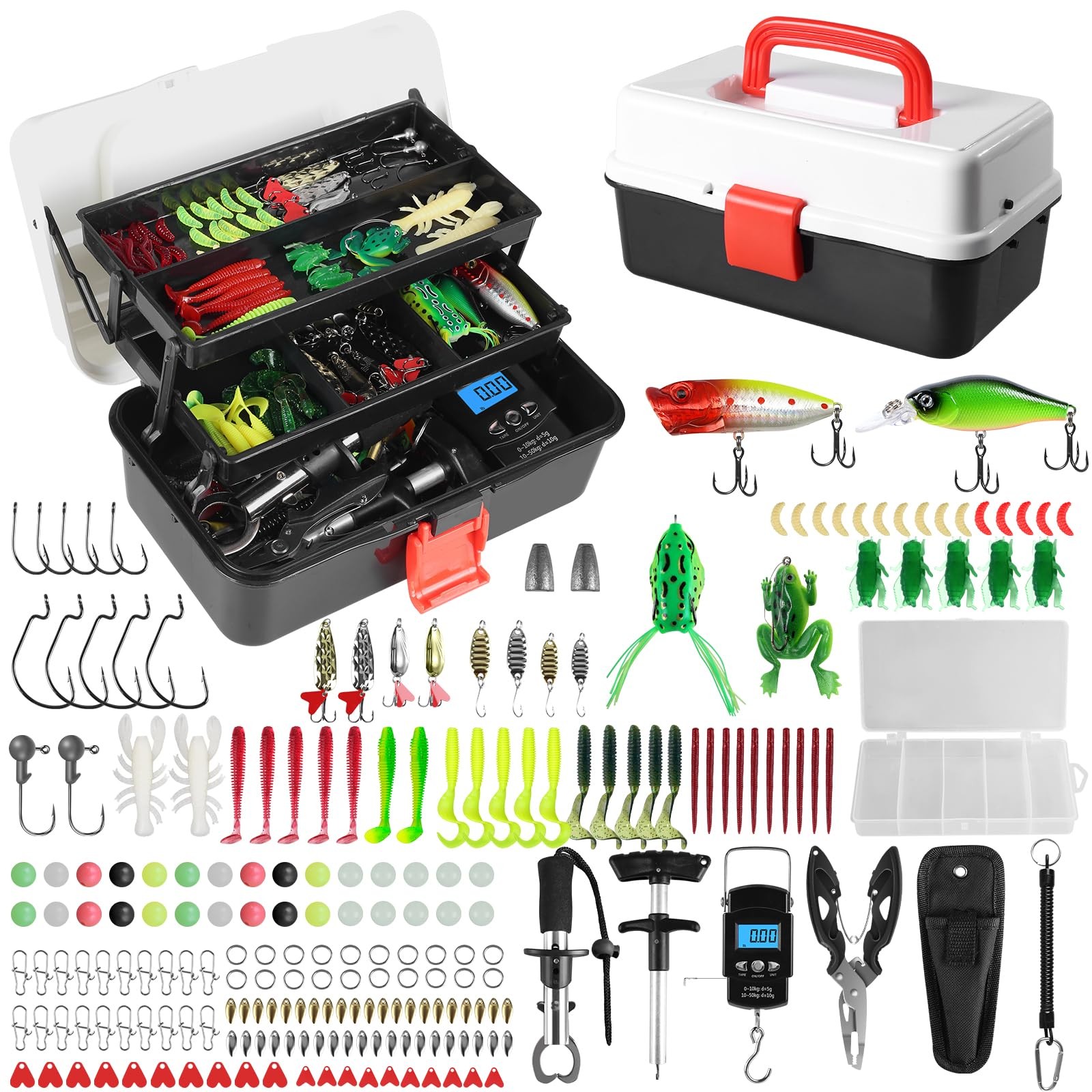 3 Layers Fishing Tackle Box, 213Pcs Lures Kit 11X6X5 inches, black