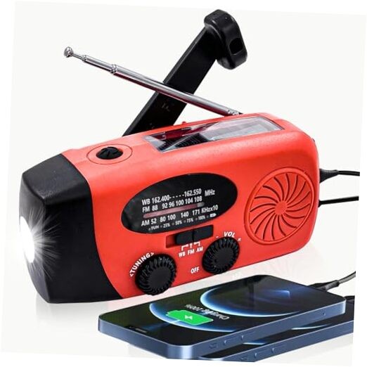 Portable 2000mAh Hand Crank Emergency Solar Panel SOS Weather Radio, Self Red