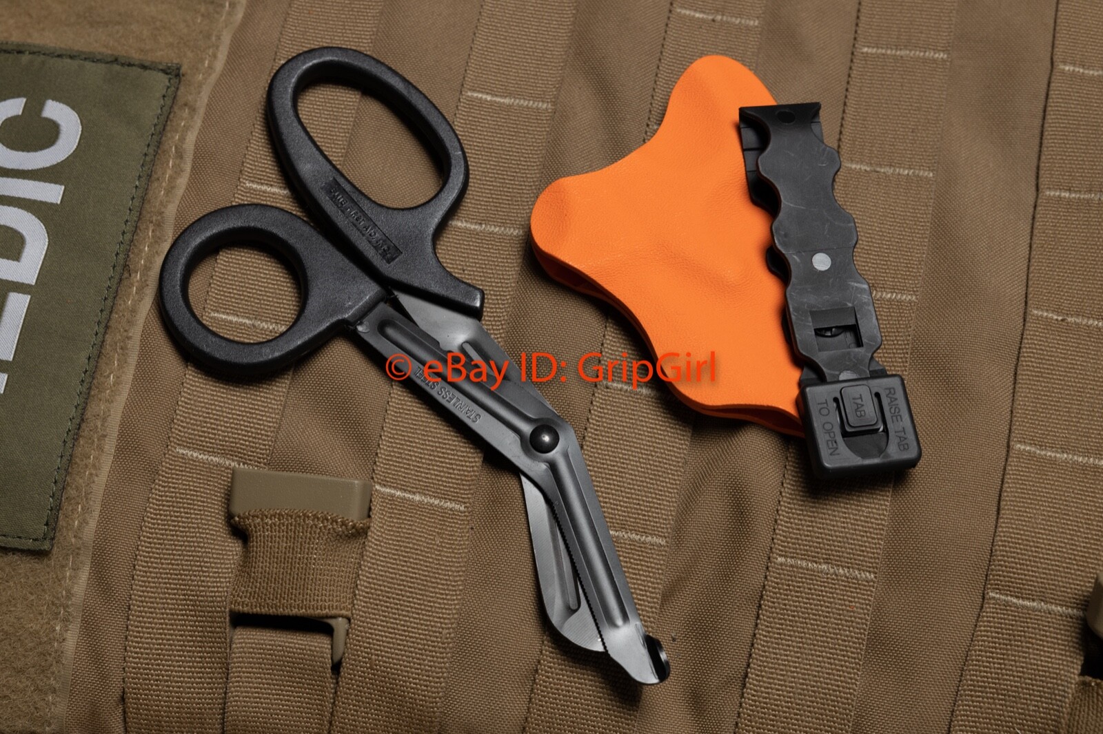 Black Trauma Shears and Orange Kydex Sheath Holster EMT TCCC Medic Gear EDC