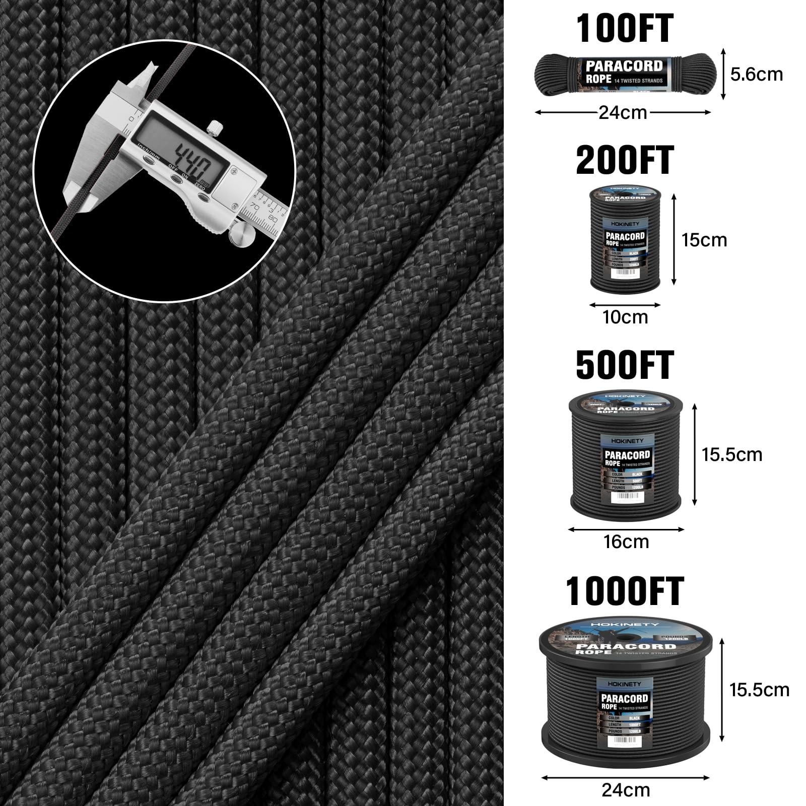 HOKINETY 1200 Paracord Rope – 4.4mm Nylon Parachute Spool para 100 ft, Black
