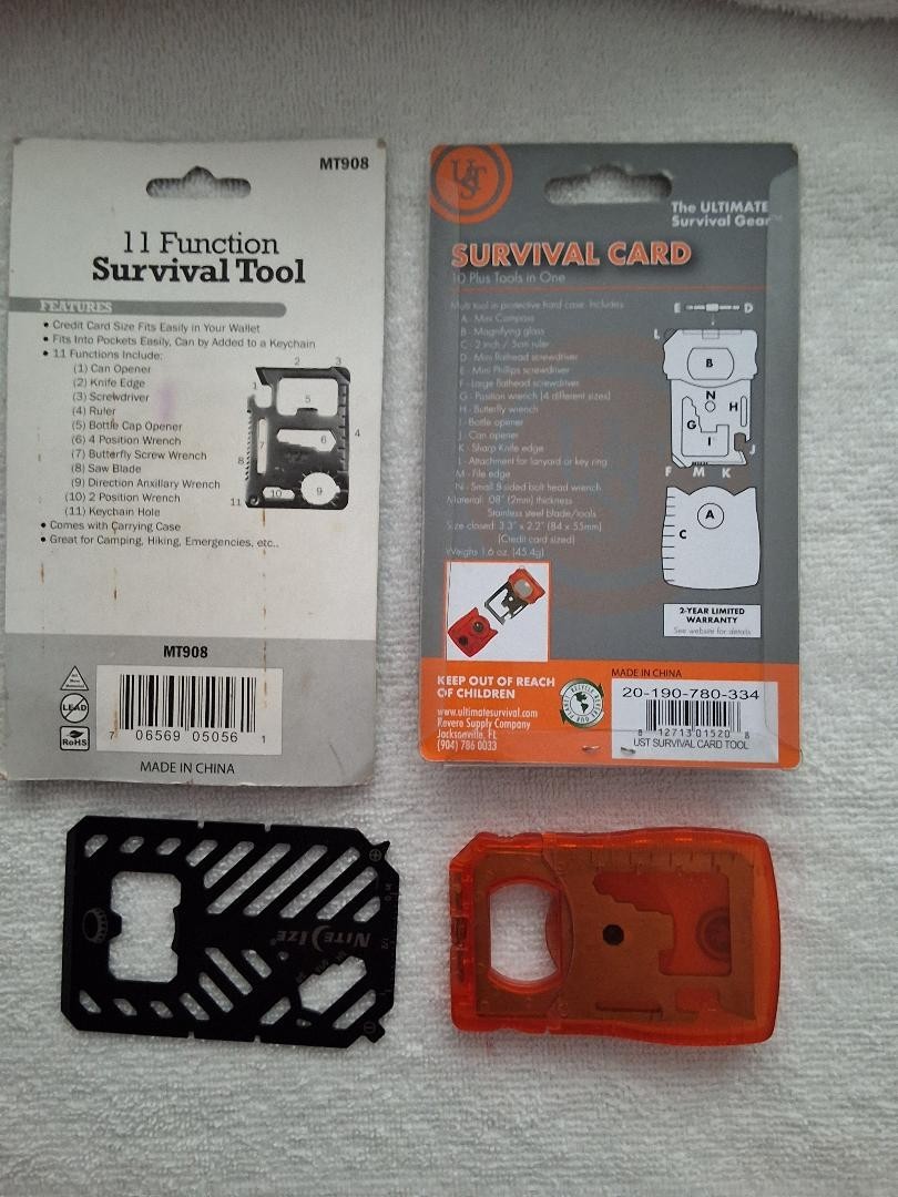 Survival Tool cards 4 various. 2 new in package, 2 open