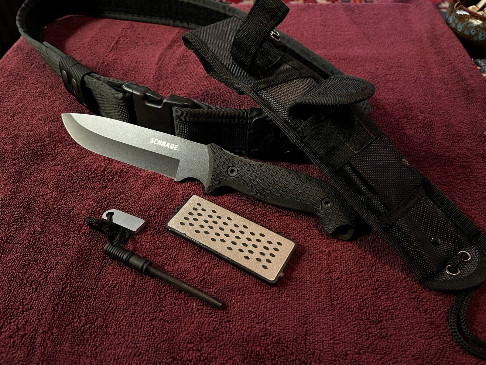 Schrade Survival Knife With Sheath, Ferro Rod, Sharpening Stone. Plus Duty Belt