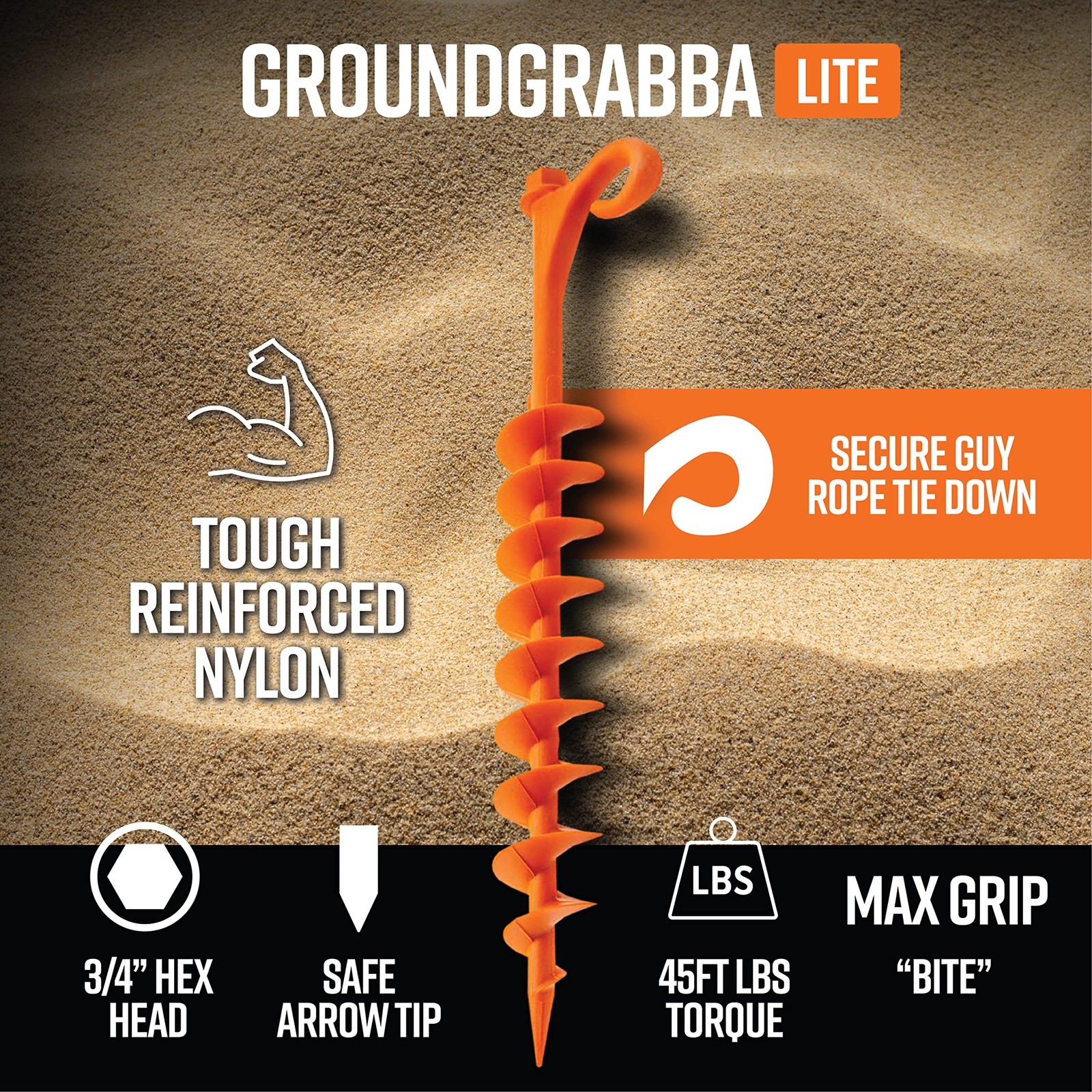 GROUNDGRABBA Lite Orange Tent Stakes – for Sand | 2 Pack,