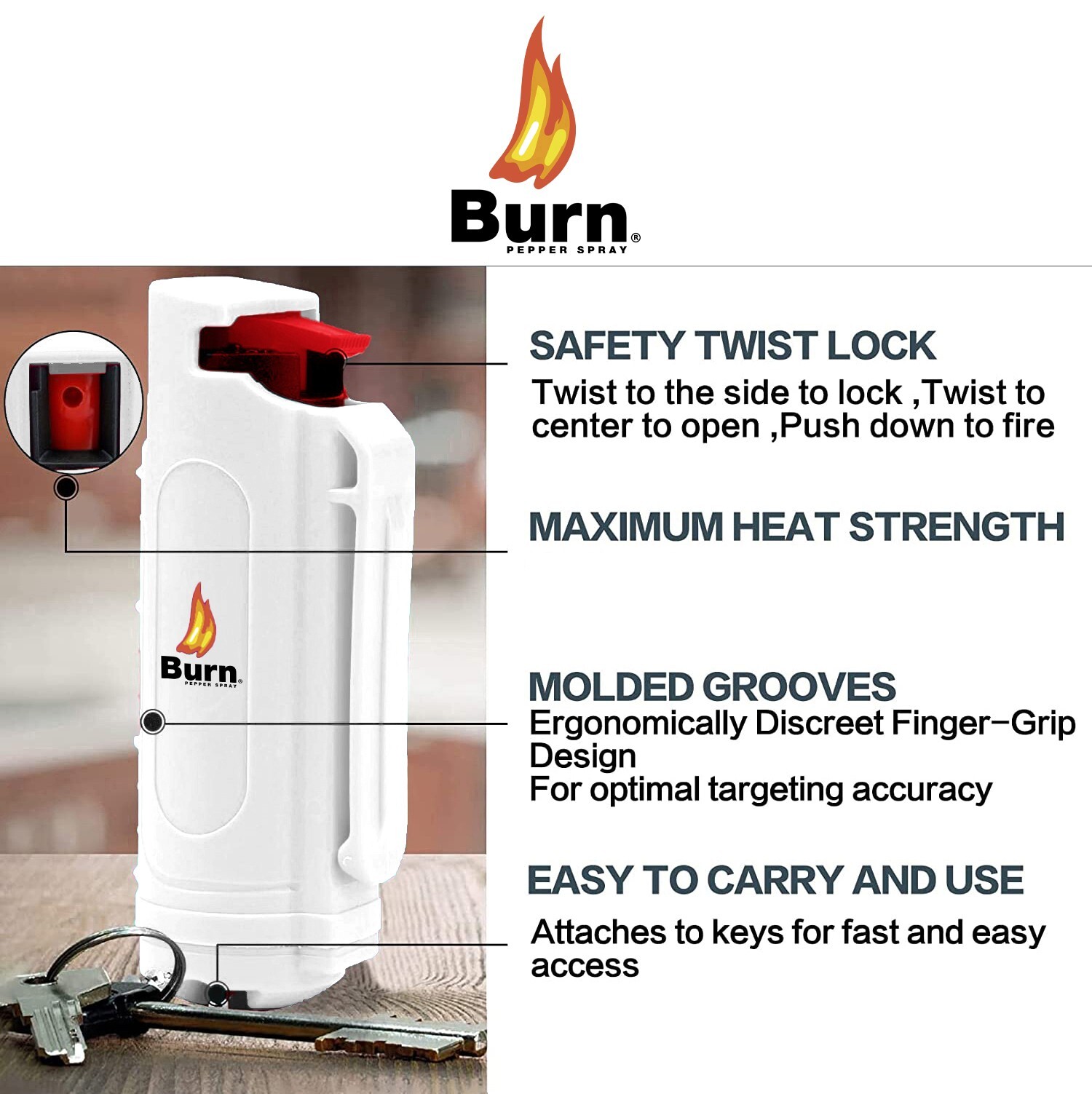 BURN 1/2oz Pepper Spray 2 White Molded with 2 Quick Release Keychains OC