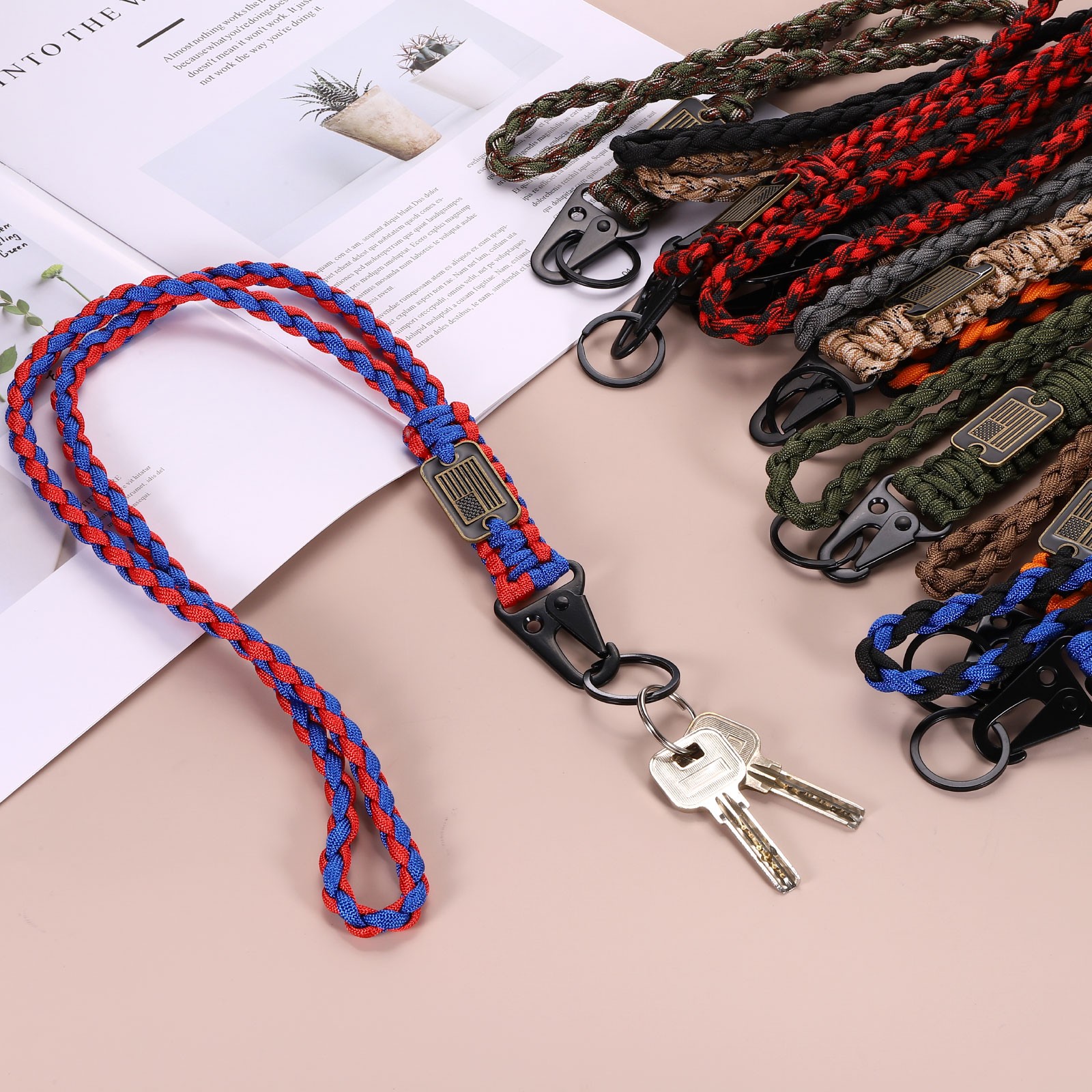 2Pcs Paracord Lanyard, Strong Lanyard with USA Flag, Black, Olive Green