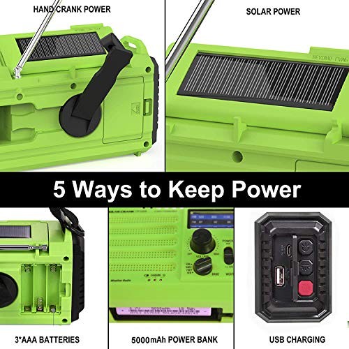 Weather Radio,5000mAh Solar Hand Crank Emergency Radio for Household&5 Green