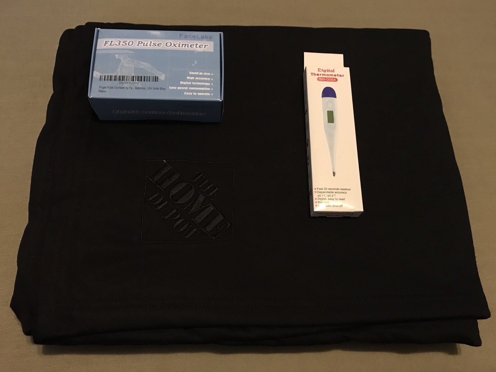 Home Depot Backpack, Blanket, Pulse Oximeter, Digital Thermometer Care Kit Lot
