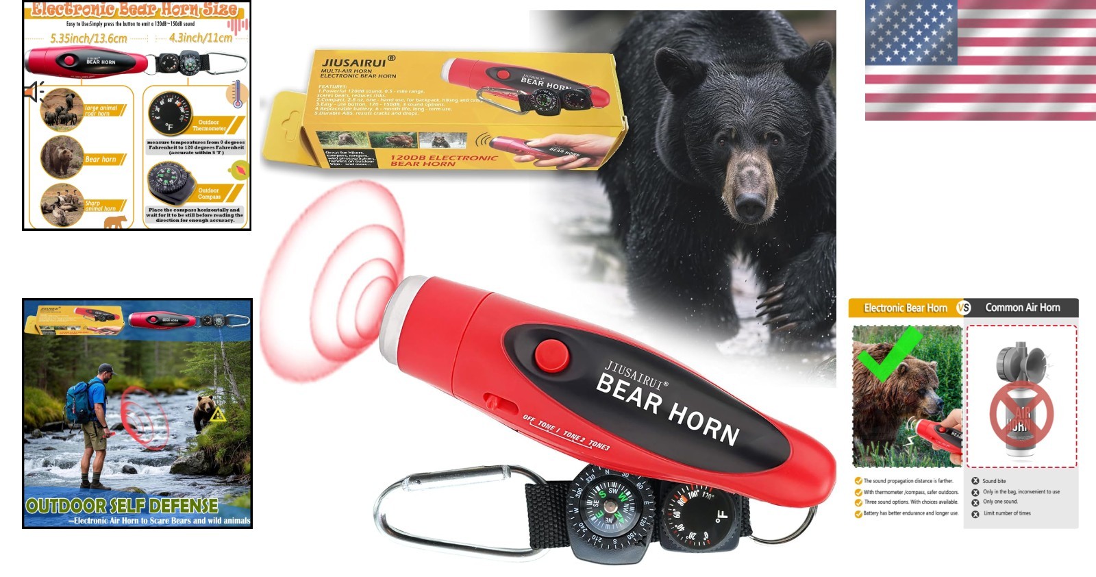 Portable 120dB Bear Deterrent Horn with Compass & Thermometer for Outdoor Safety
