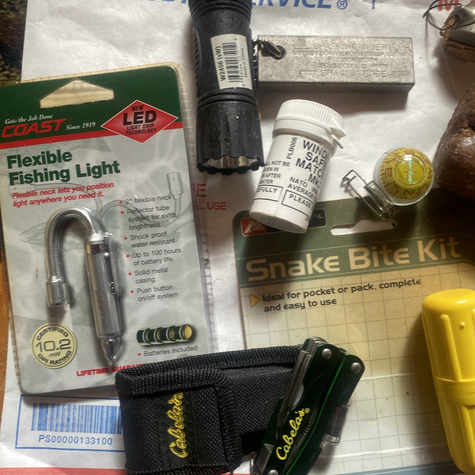 Lot Camping,Car,Hiking,compass, firestarter, snake bite mosquito Knife Light CL2