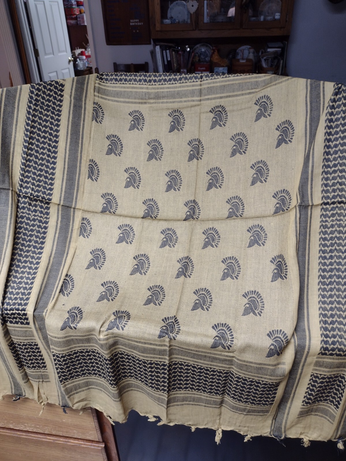 SET OF 2 SHEMAGH SCARVES RIFLES TROJAN HEADS DESIGNS DESERT TAN COLOR