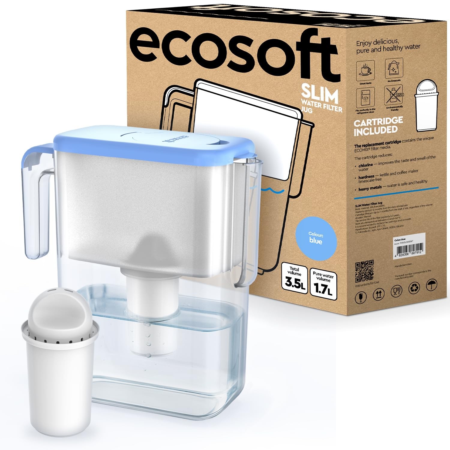 Slim Water Filter Jug, Capacity 3.5L, Reduces Chlorine and Limescale, Com…