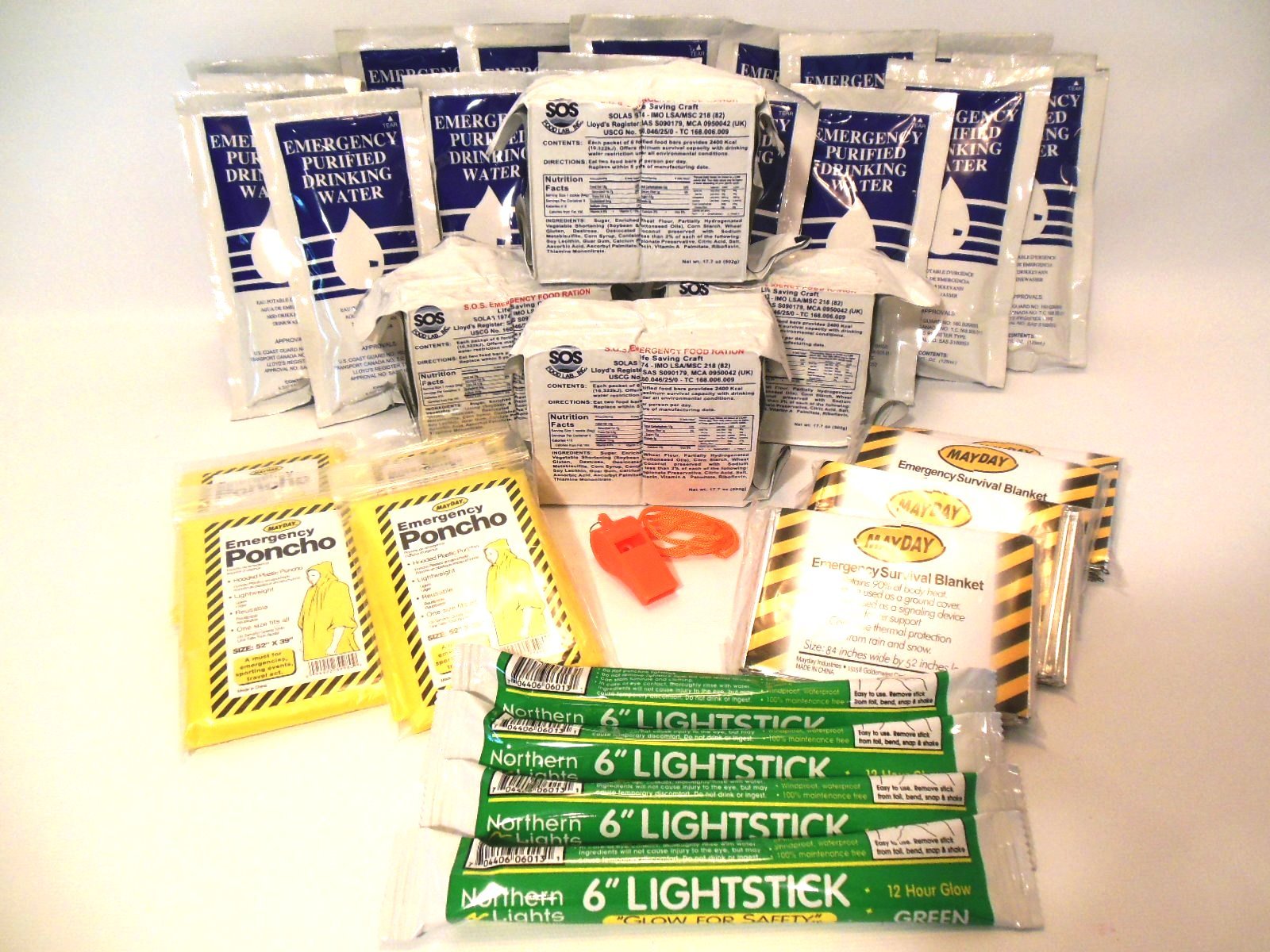 4 PERSON EMERGENCY SURVIVAL FOOD BARS, WATER AND GEAR FOR BOAT DITCH BAG 5 YR