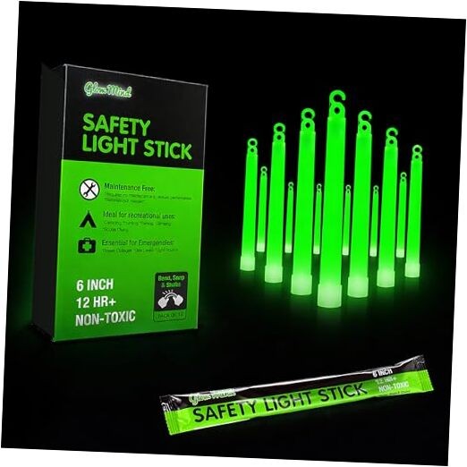 Emergency Glow Sticks with 12 Hours Duration, Individually 12 Pack Green