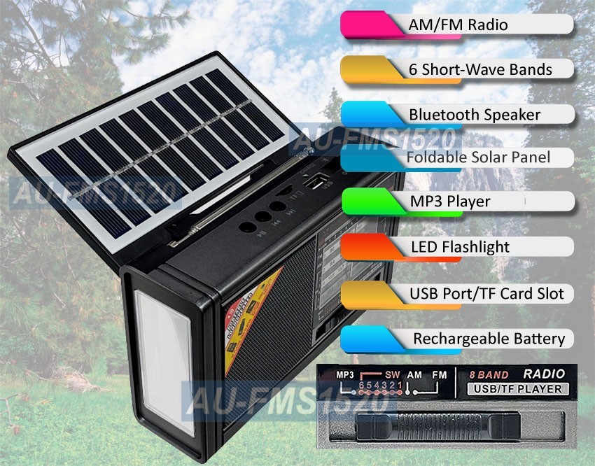 Premium AM/FM/SW Flashlight Radio Bluetooth Speaker MP3 Player Solar DC 5V Dcell