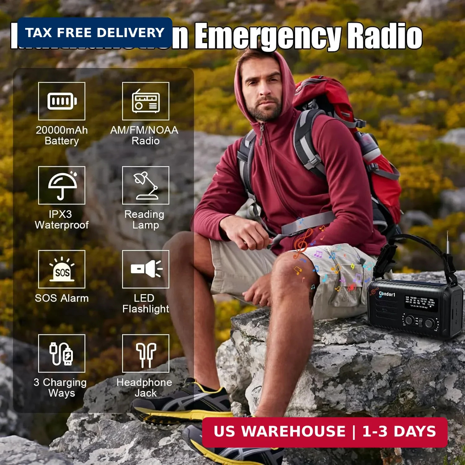 NOAA Weather Radio 20000mAh Battery Powered｜Solar Hand Crank Emergency Radio AM/
