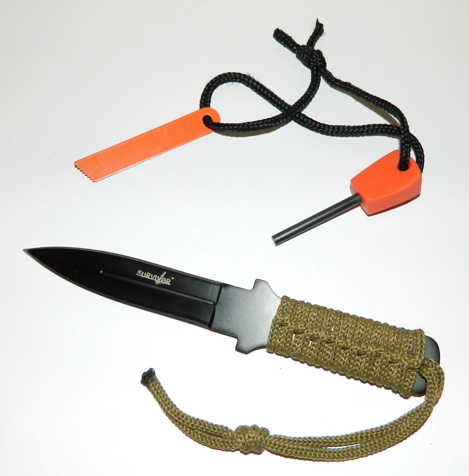 Small Flint Magnesium Fire Starter & Full Tang Double Edge Blade Survival Knife