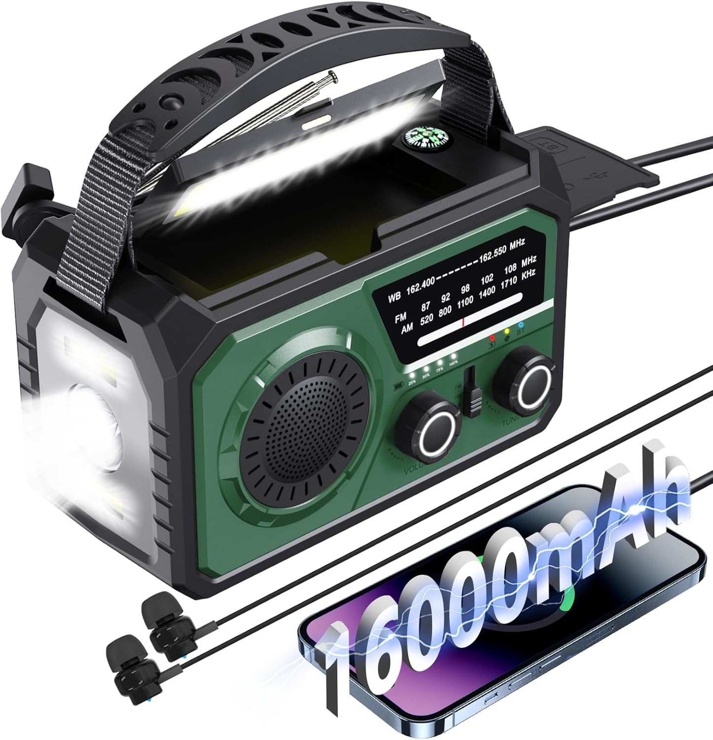 16000mAh Emergency Weather Radio, AM/FM/NOAA Weather Alert Radio Hand Crank/Sola