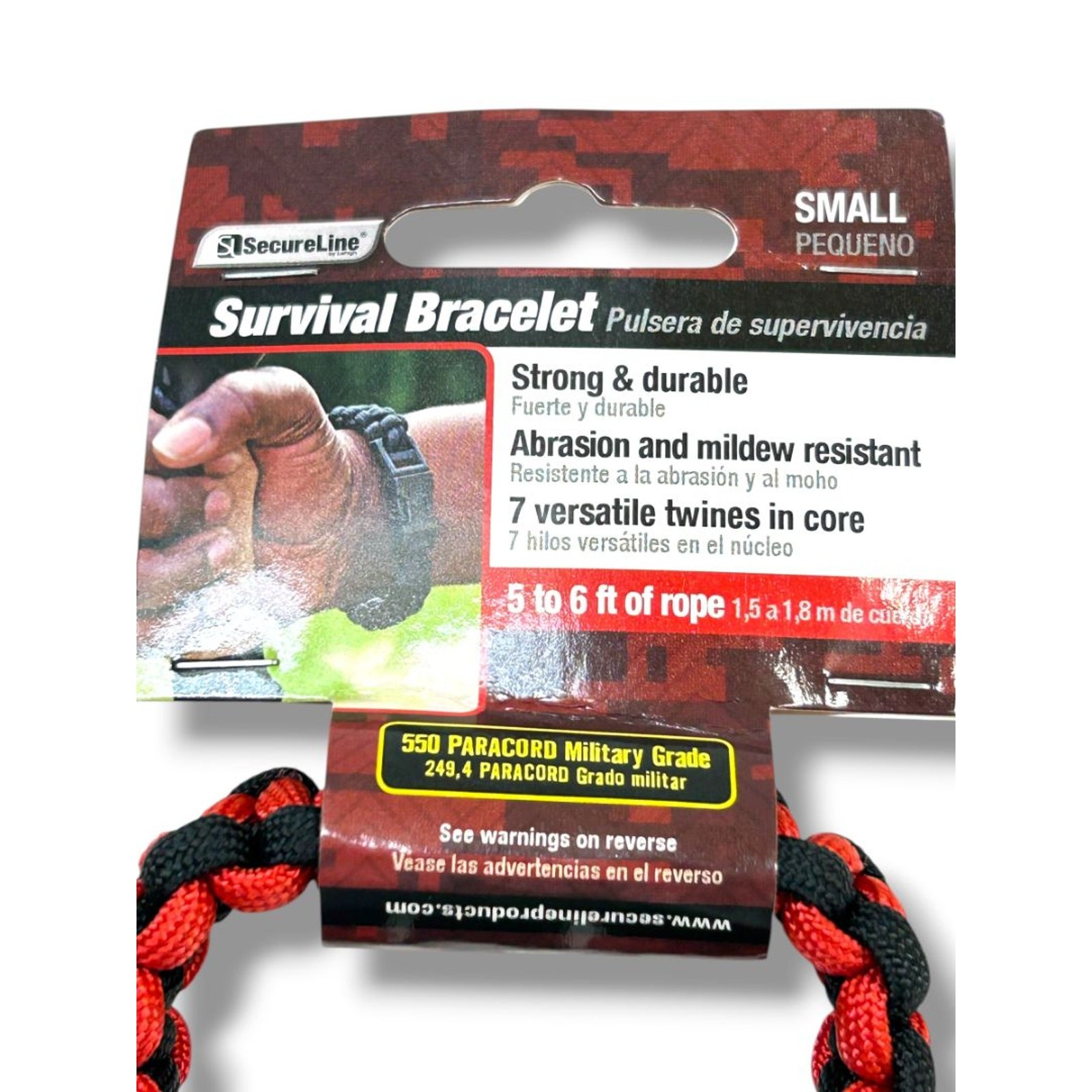 Small (7″) SecureLine Survival Bracelet Clip Red Black 5-6ft Rope New