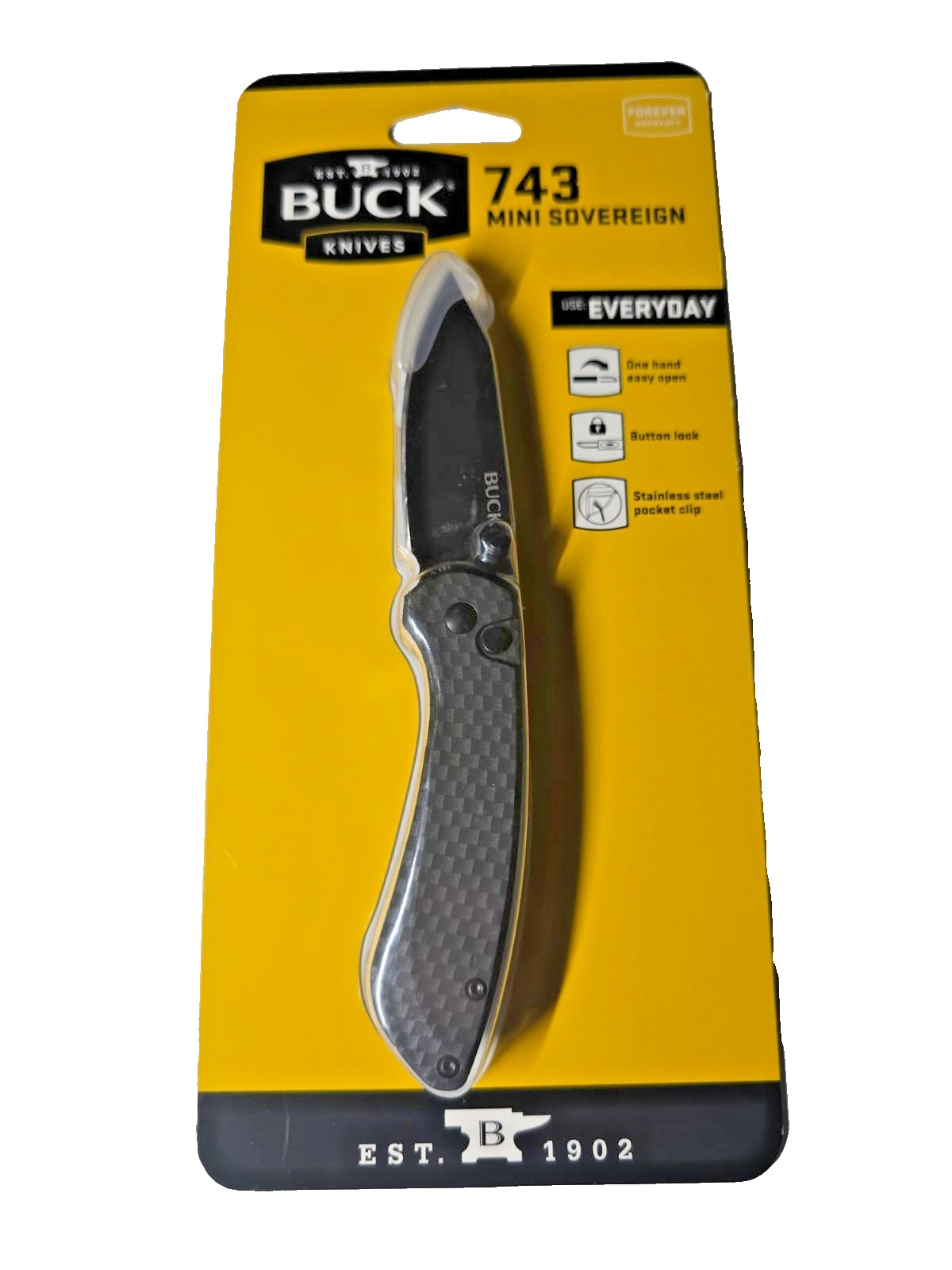 Folding Knife Button Lock Carbon Fiber Handle Buck 743 Mini Sovereign NEW