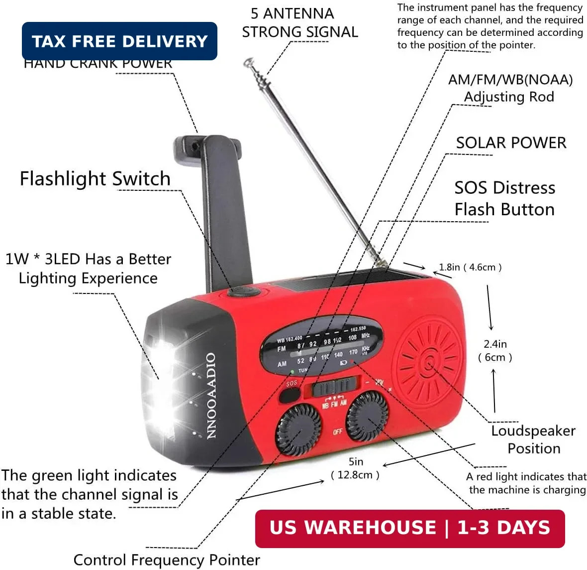 2000mAh SOS Alarm Emergency AM FM Weather Radio, 3LED Type-C Hand Crank Solar Ba