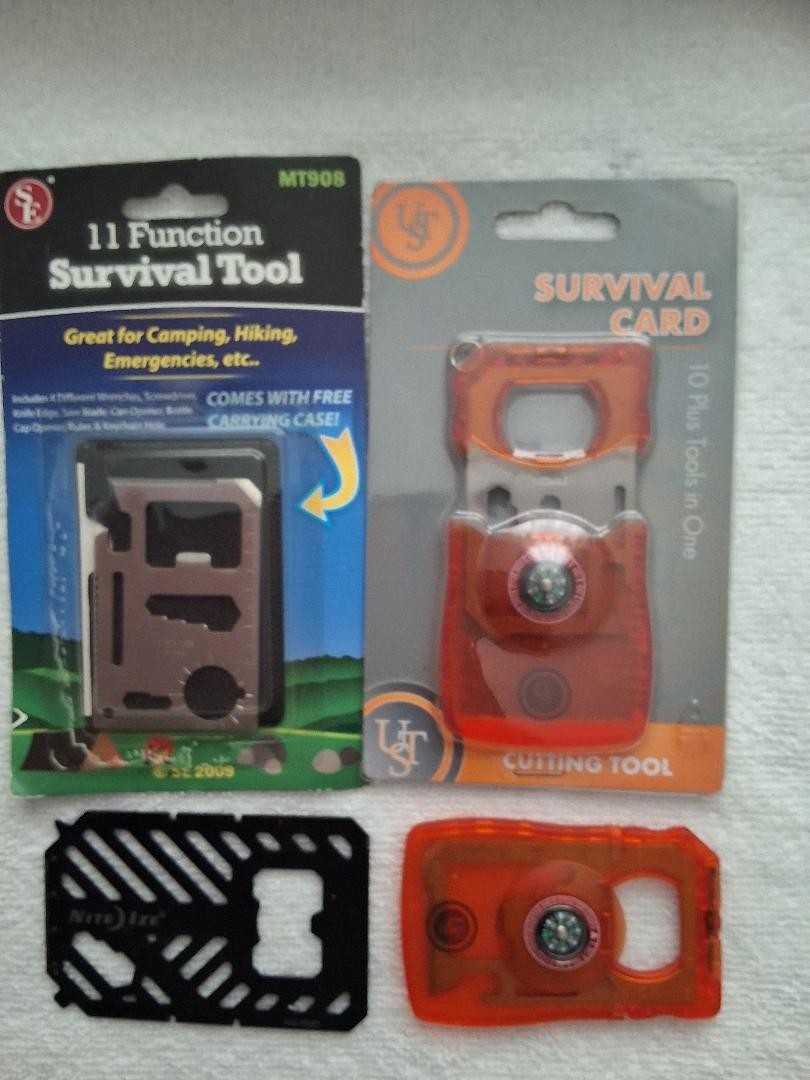 Survival Tool cards 4 various. 2 new in package, 2 open