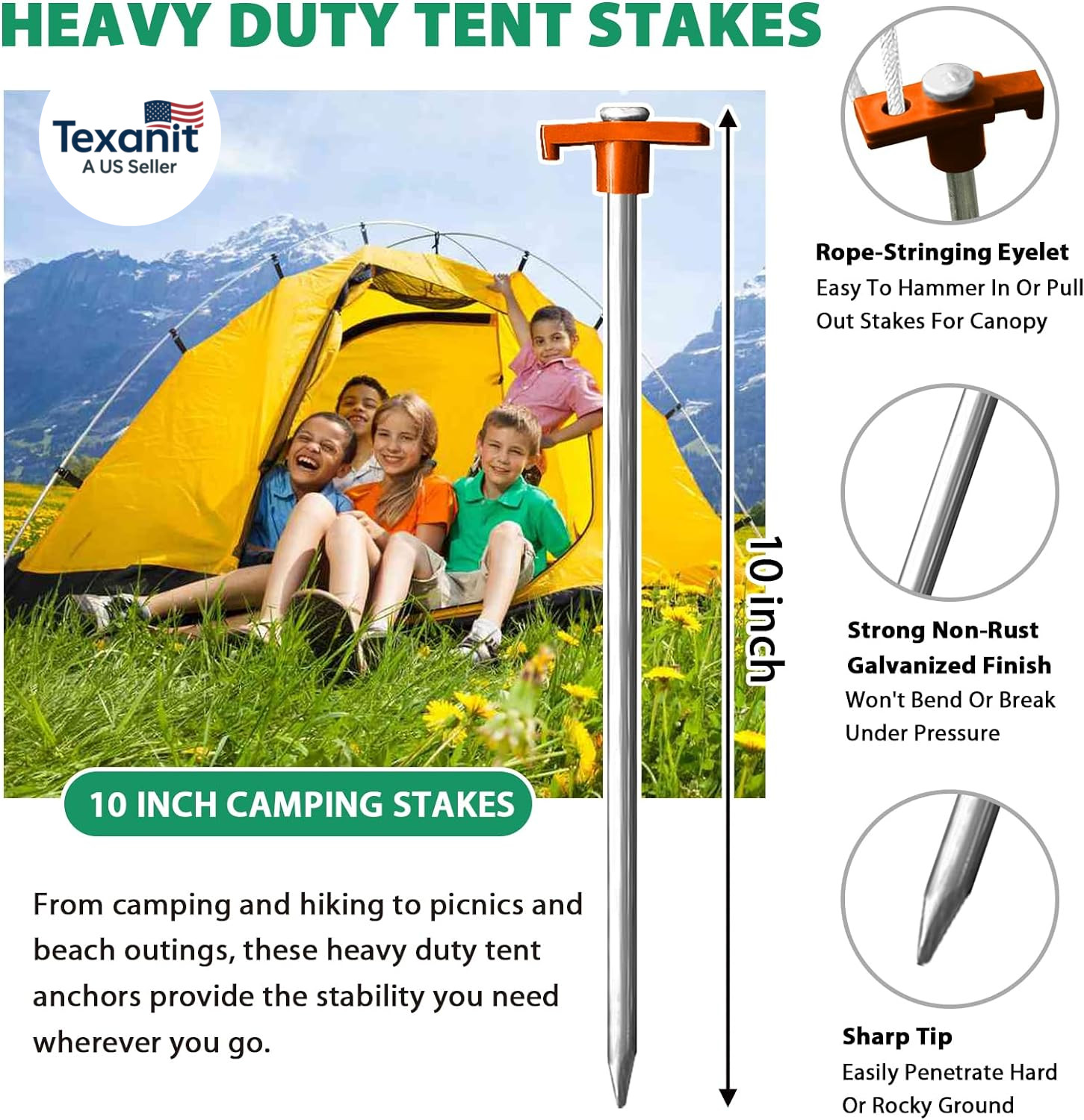 USA 10-Pack Secure Protection Galvanized Tent Stakes,Rust-Proof Steel Canopy Anc