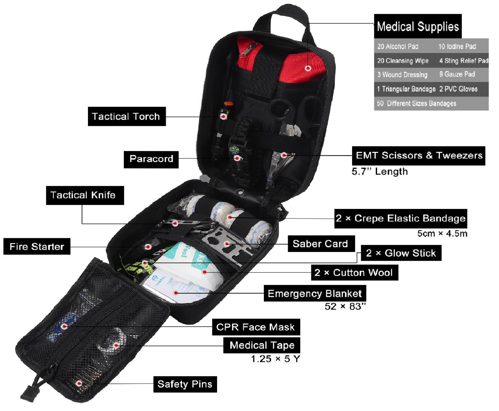251Pc First Aid Kit For Tactical Emergency Trauma Military Survival Travel Black